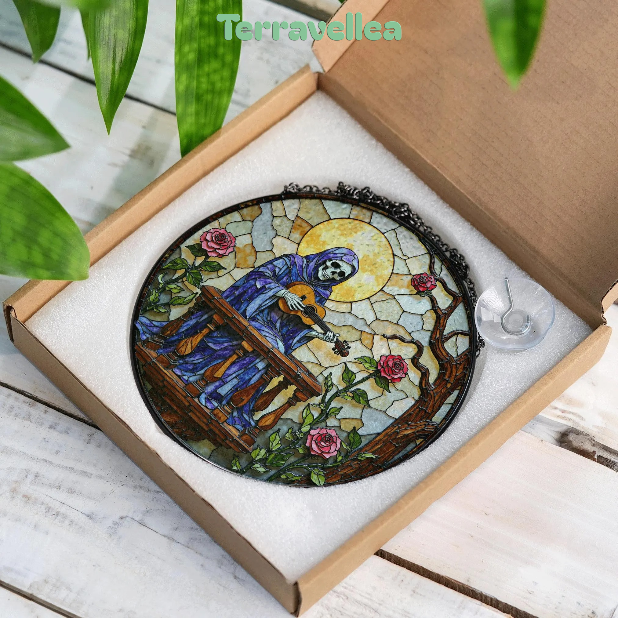 Stained Glass Suncatcher Skeleton Playing Guitar With Roses Gothic Halloween Gift - image 9