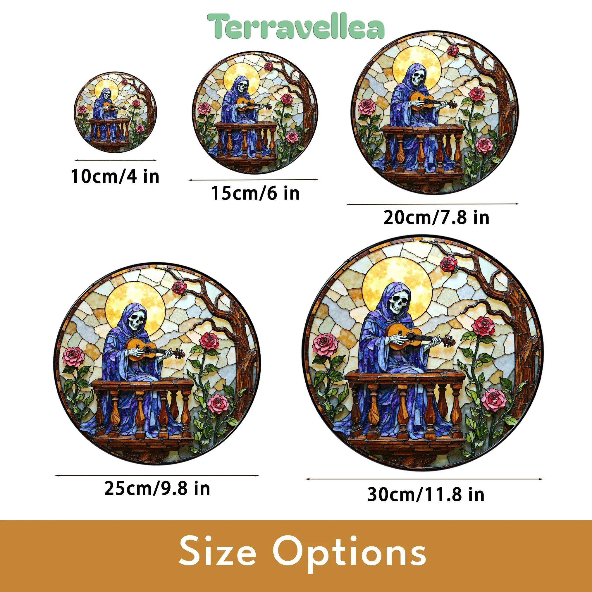 Stained Glass Suncatcher Skeleton Playing Guitar With Roses Gothic Halloween Gift - image 10