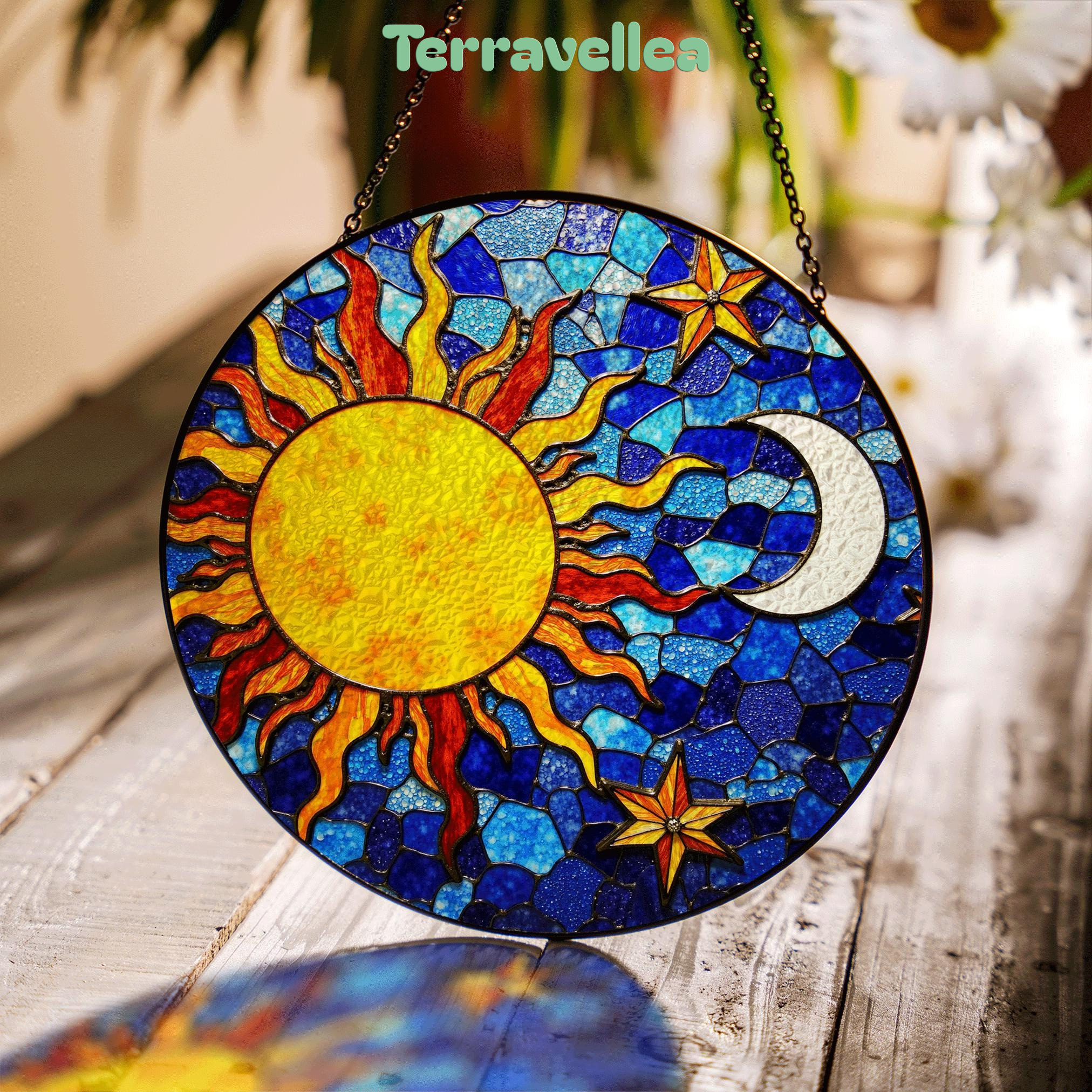 Sun and Moon Stained Glass Suncatcher in Blue and Yellow for Home Decor Gift - image 2