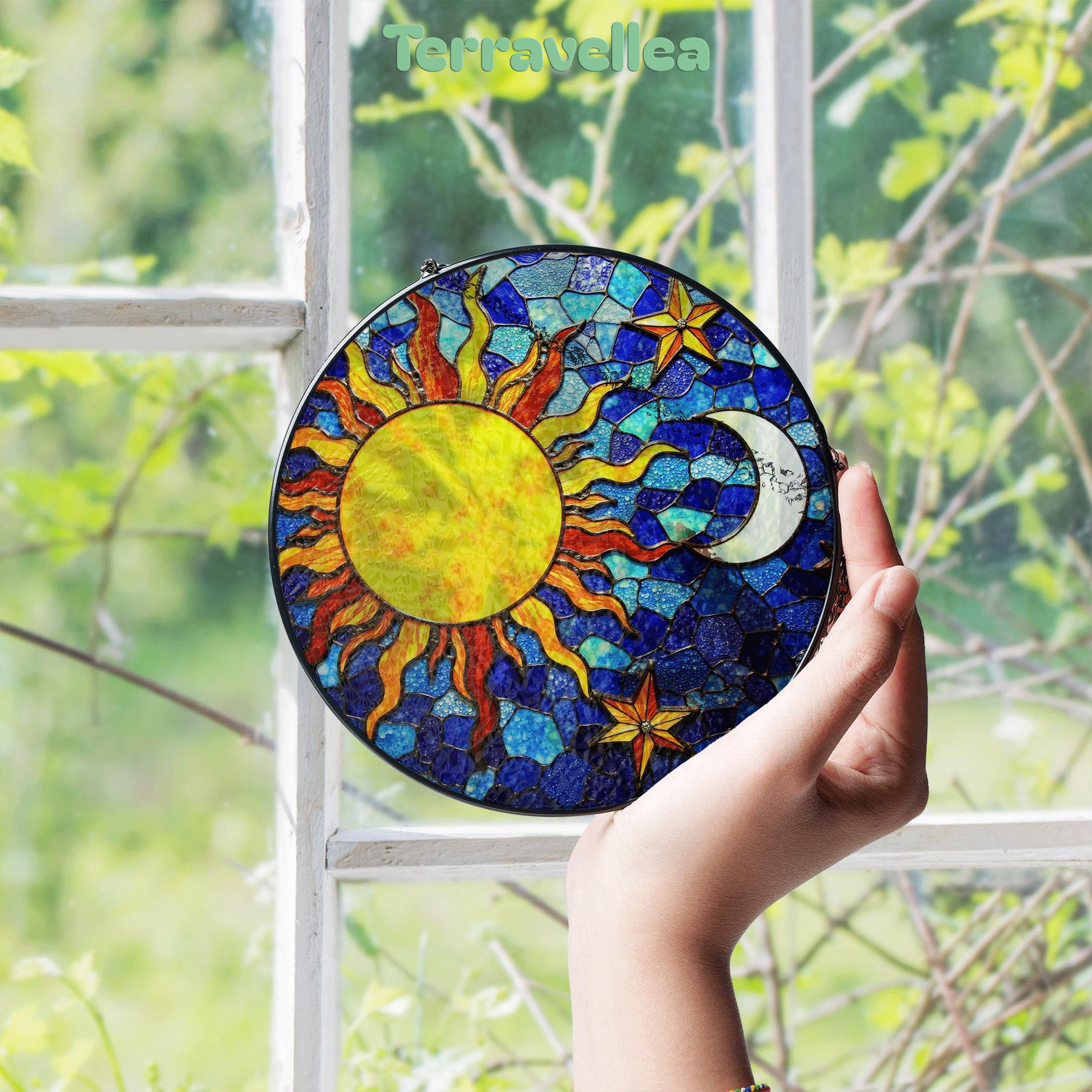 Sun and Moon Stained Glass Suncatcher in Blue and Yellow for Home Decor Gift - image 5