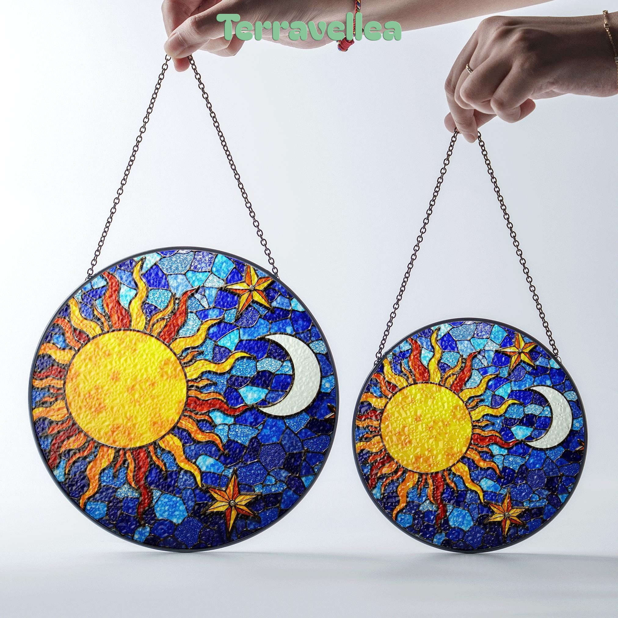 Sun and Moon Stained Glass Suncatcher in Blue and Yellow for Home Decor Gift - image 8