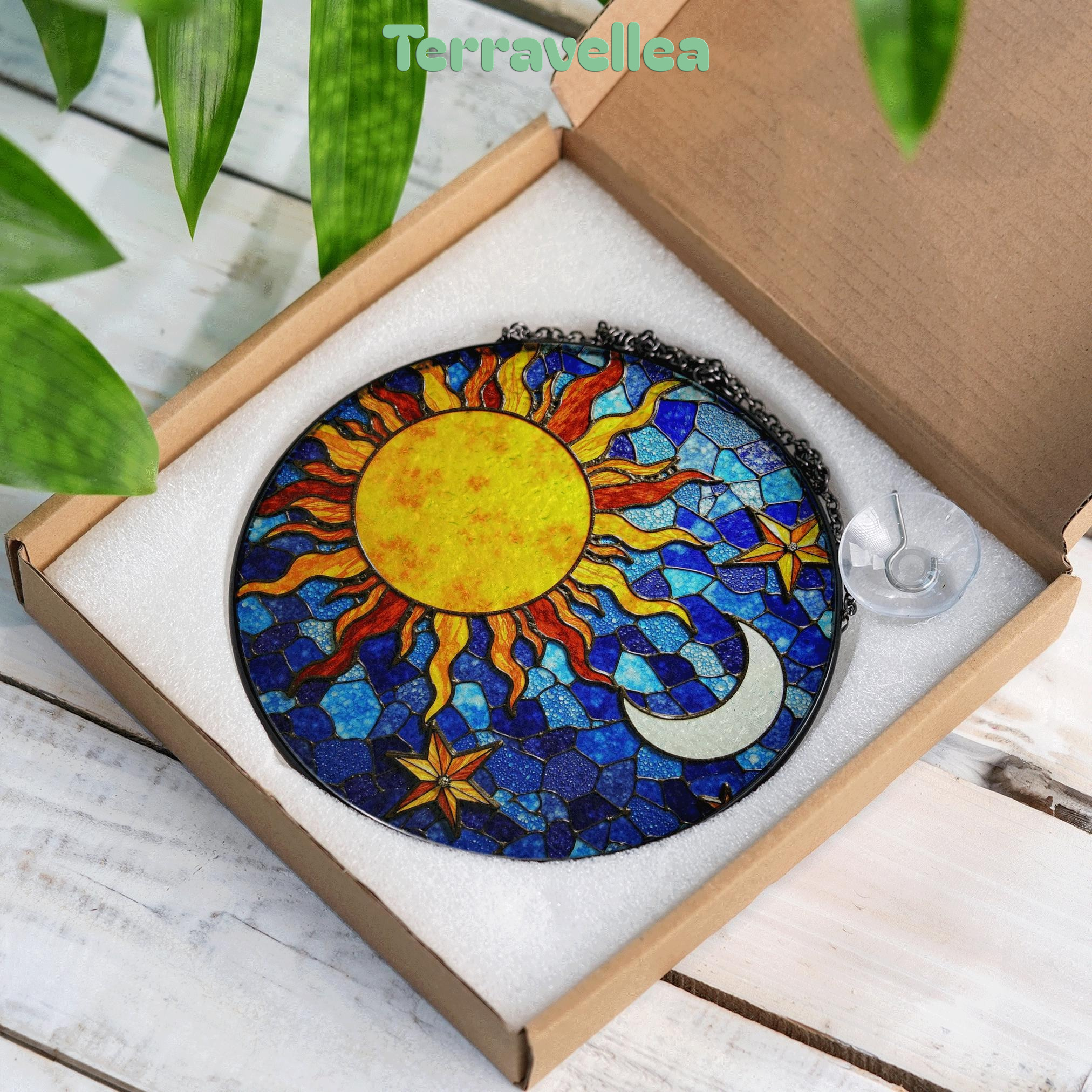 Sun and Moon Stained Glass Suncatcher in Blue and Yellow for Home Decor Gift - image 10