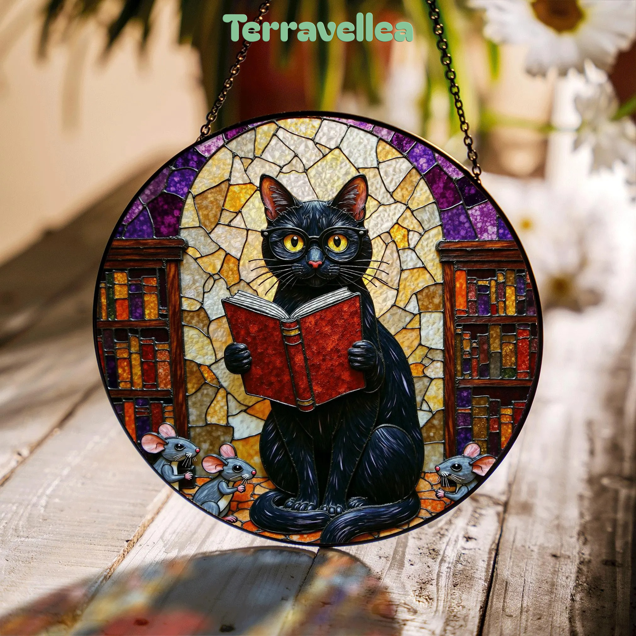 Suncatcher Stained Glass Black Cat Reading Book Library Scene Gift for Mom Halloween Gift Christmas Gift - image 1