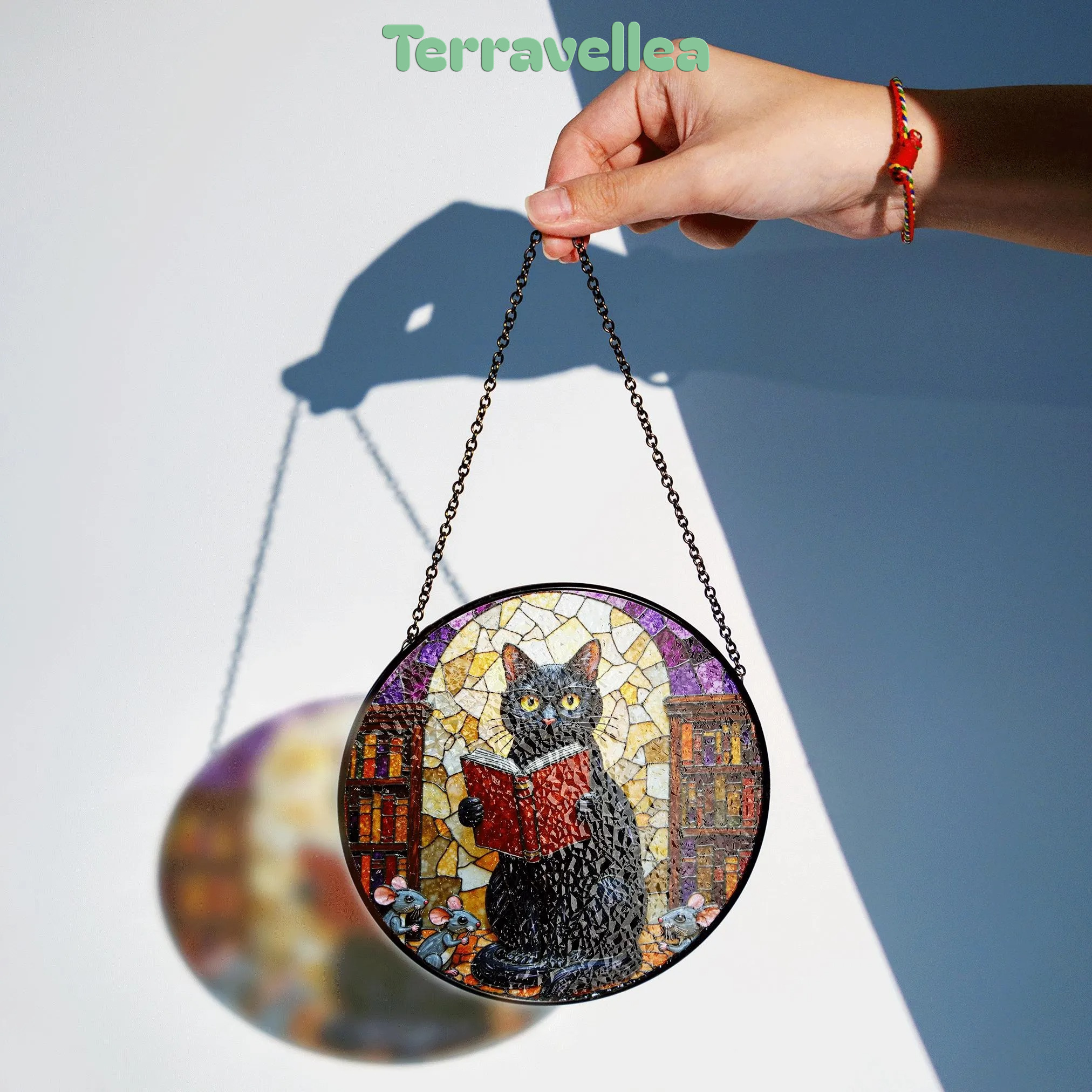 Suncatcher Stained Glass Black Cat Reading Book Library Scene Gift for Mom Halloween Gift Christmas Gift - image 2