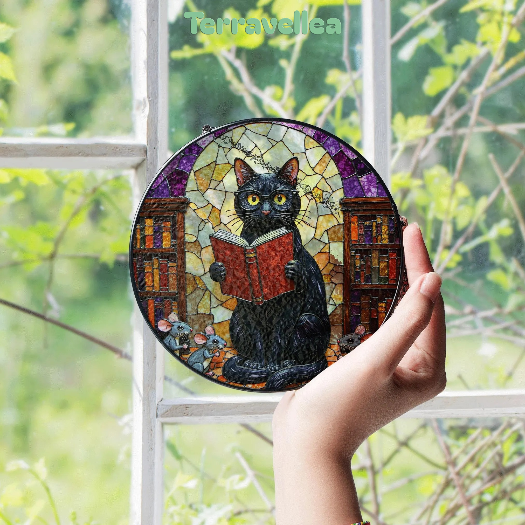 Suncatcher Stained Glass Black Cat Reading Book Library Scene Gift for Mom Halloween Gift Christmas Gift - image 4