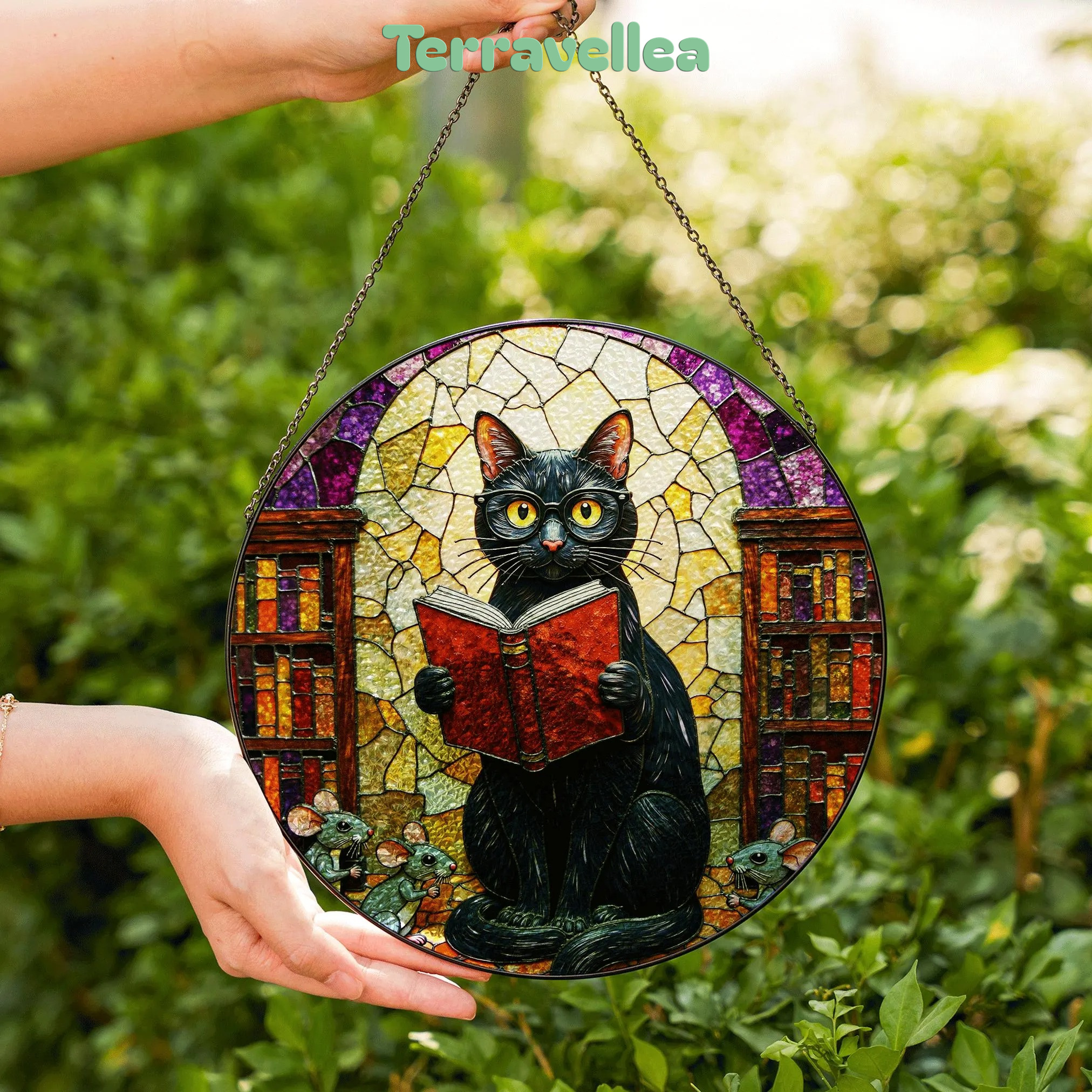 Suncatcher Stained Glass Black Cat Reading Book Library Scene Gift for Mom Halloween Gift Christmas Gift - image 6