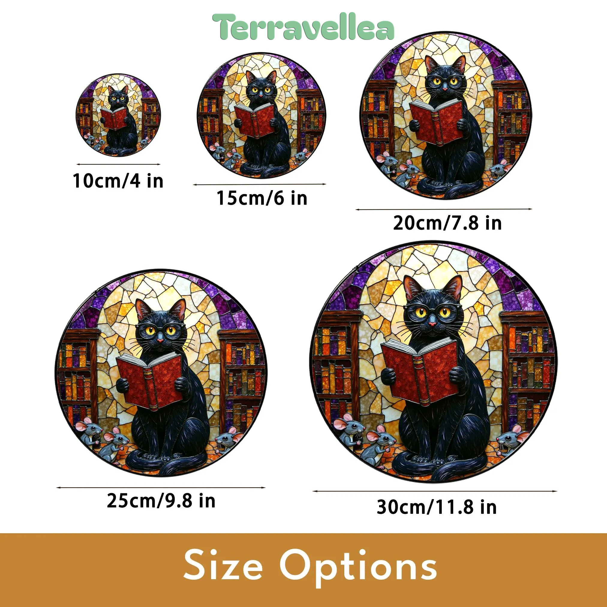 Suncatcher Stained Glass Black Cat Reading Book Library Scene Gift for Mom Halloween Gift Christmas Gift - image 10