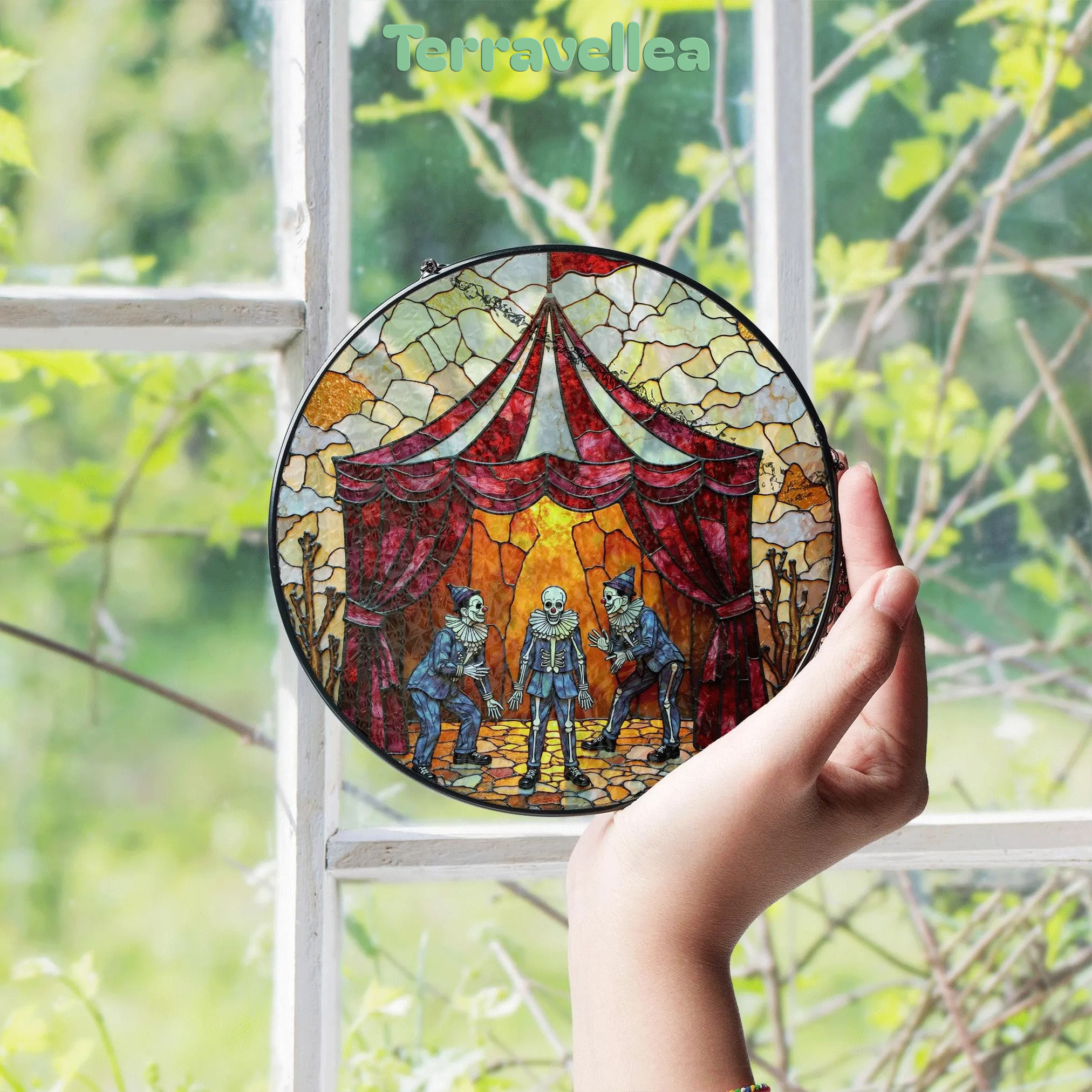 Suncatcher Stained Glass Circus Skeleton Performers Halloween Gift - image 4
