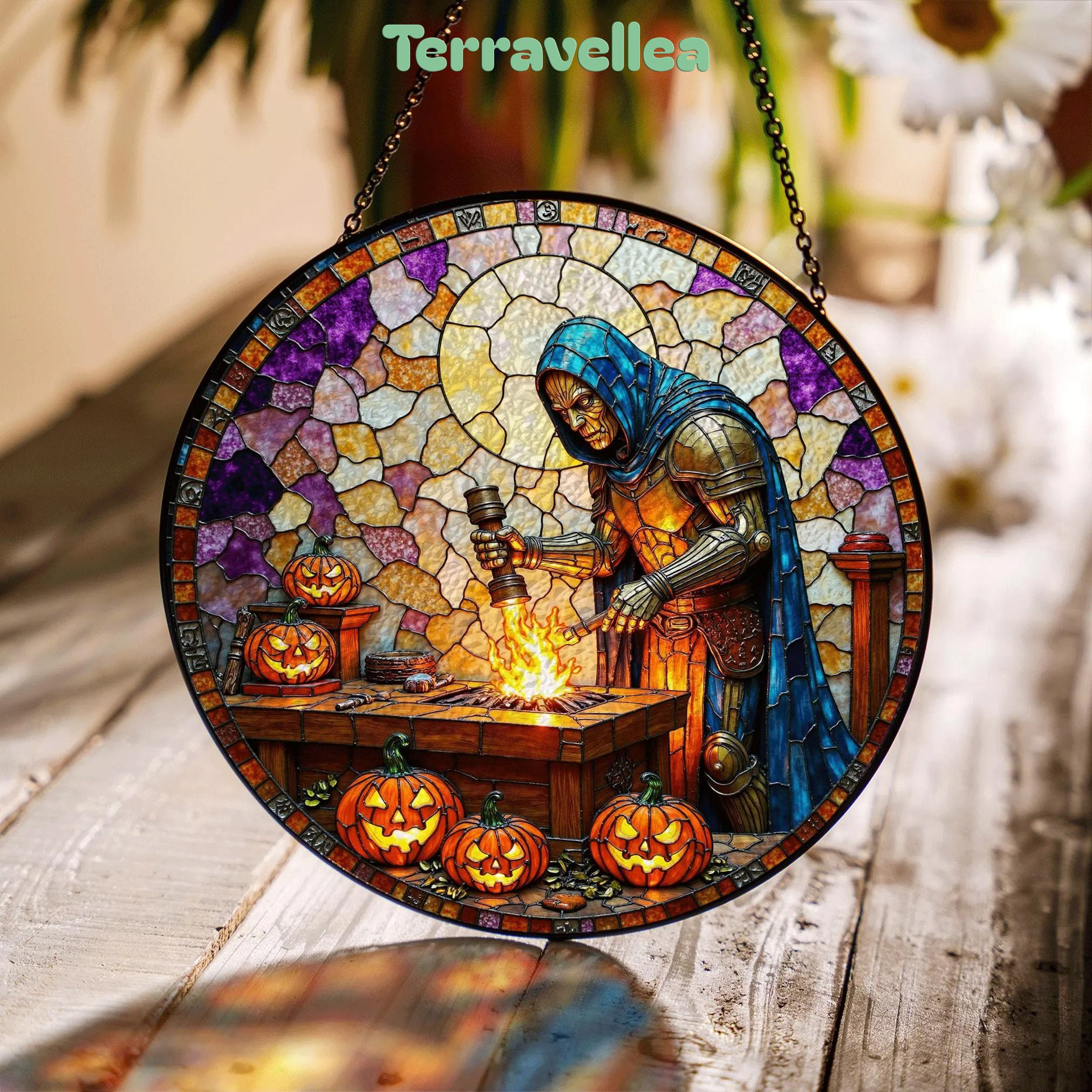 Suncatcher Stained Glass Knight Forging Sword With Pumpkins Halloween Gift - image 1