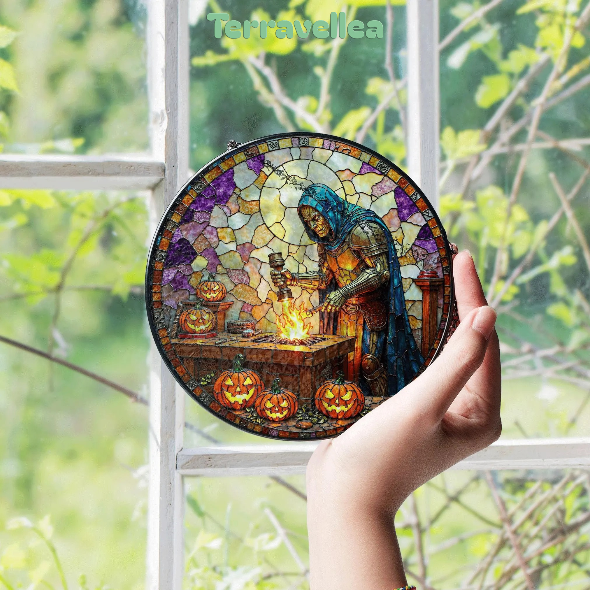 Suncatcher Stained Glass Knight Forging Sword With Pumpkins Halloween Gift - image 4