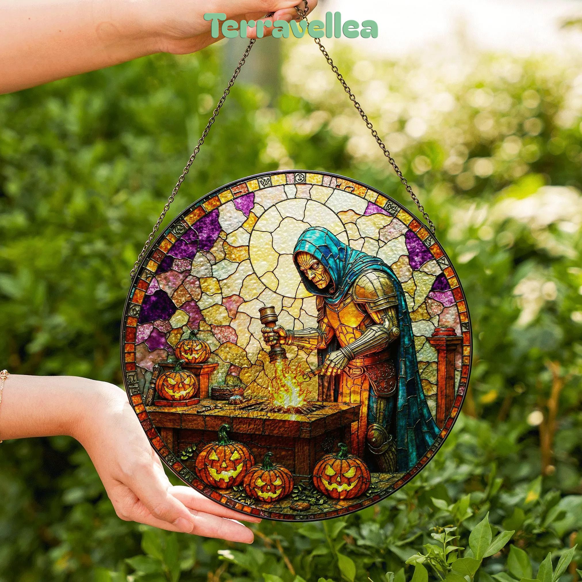Suncatcher Stained Glass Knight Forging Sword With Pumpkins Halloween Gift - image 6