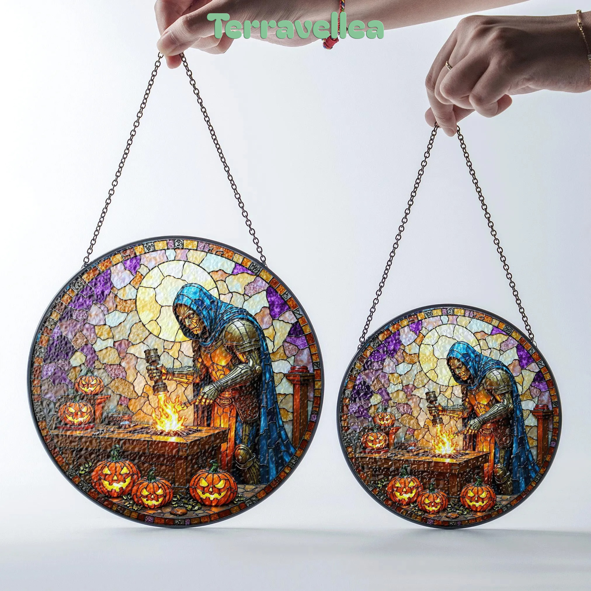 Suncatcher Stained Glass Knight Forging Sword With Pumpkins Halloween Gift - image 7