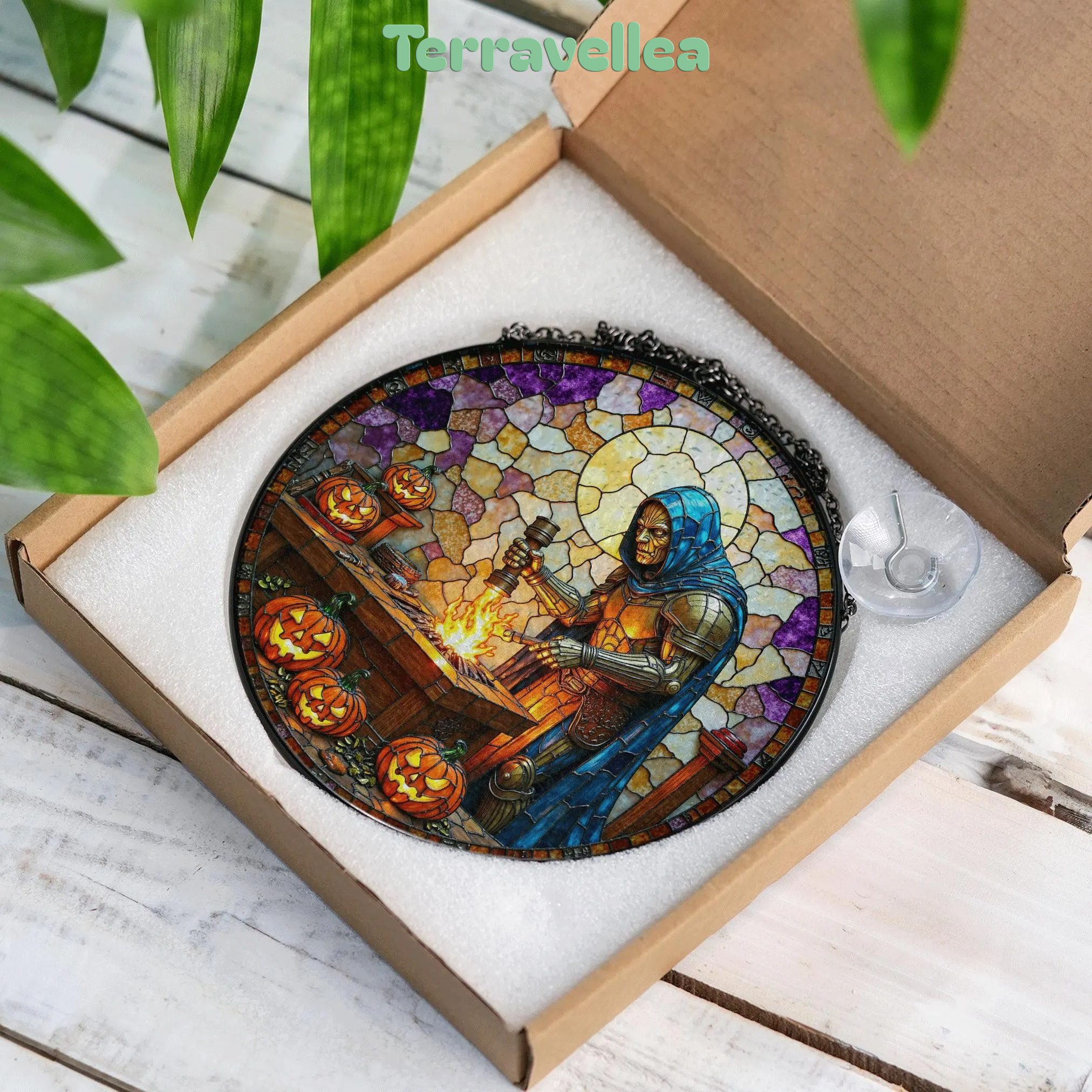 Suncatcher Stained Glass Knight Forging Sword With Pumpkins Halloween Gift - image 9