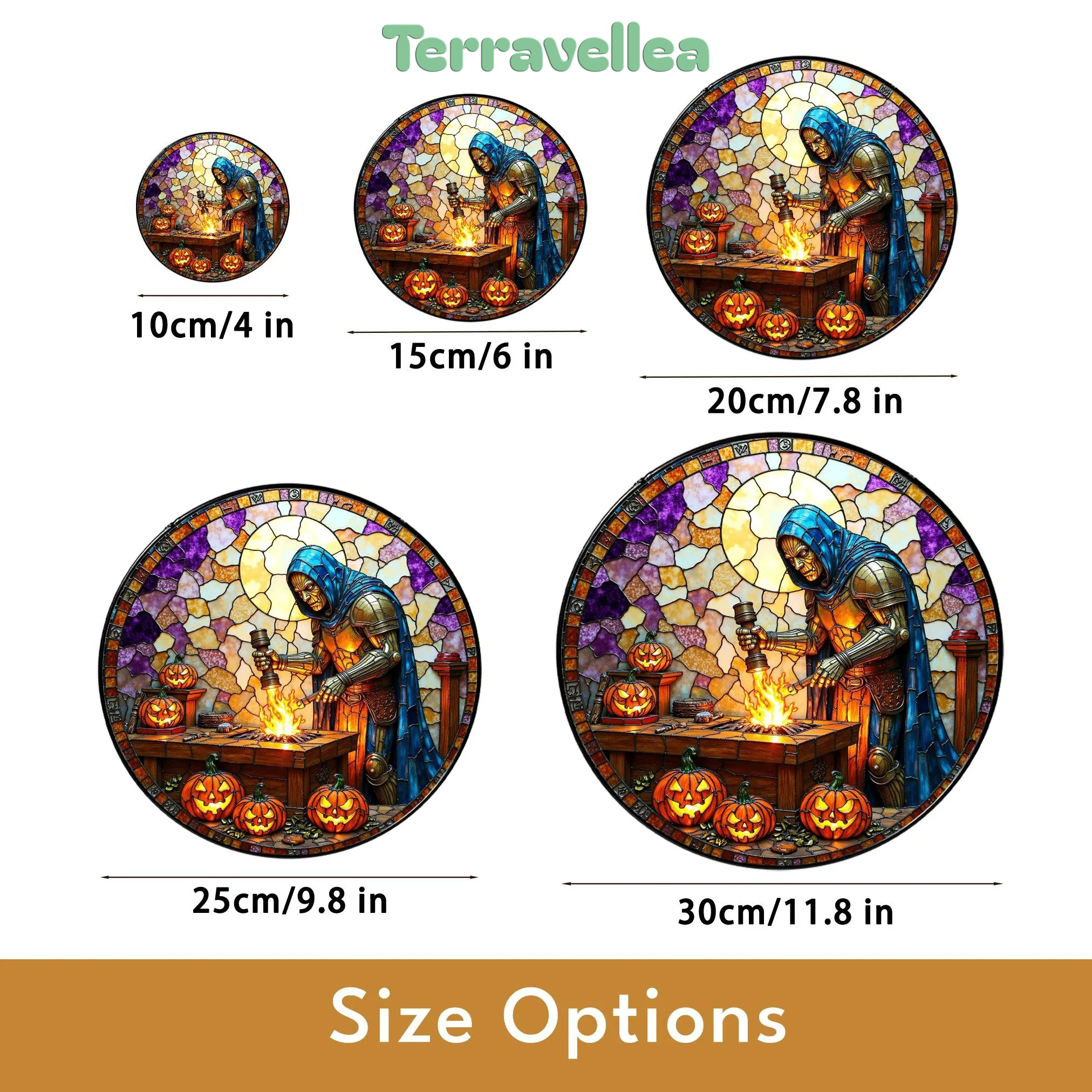 Suncatcher Stained Glass Knight Forging Sword With Pumpkins Halloween Gift - image 10