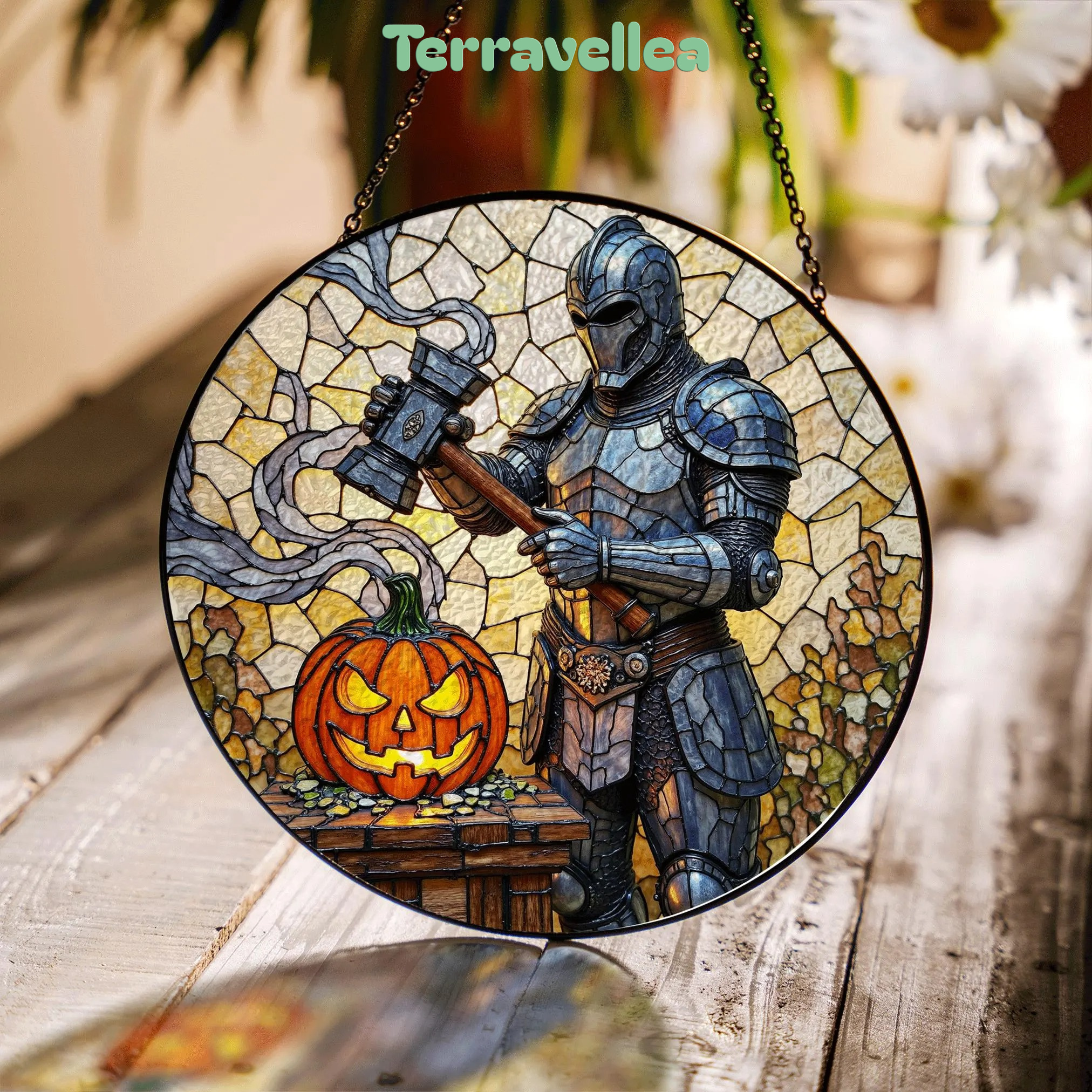 Suncatcher Stained Glass Knight With Pumpkin Halloween Gift - image 1