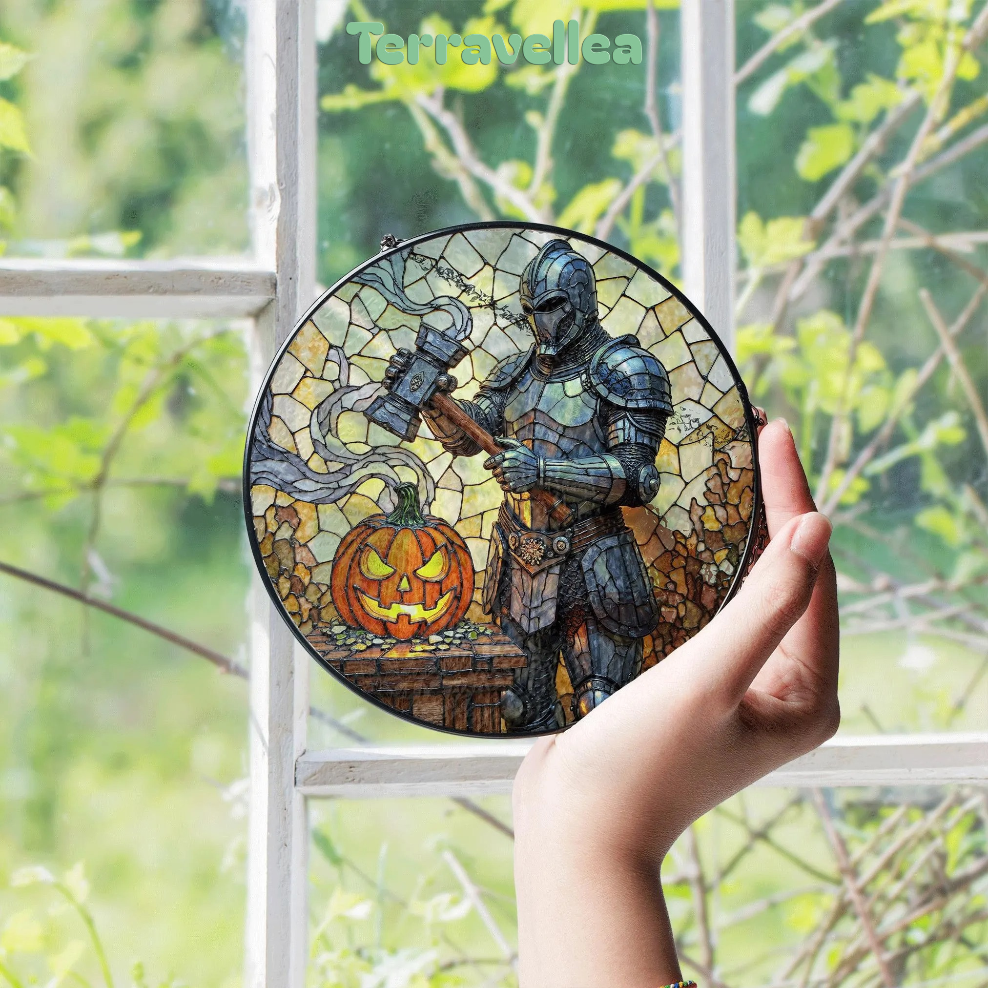 Suncatcher Stained Glass Knight With Pumpkin Halloween Gift - image 4