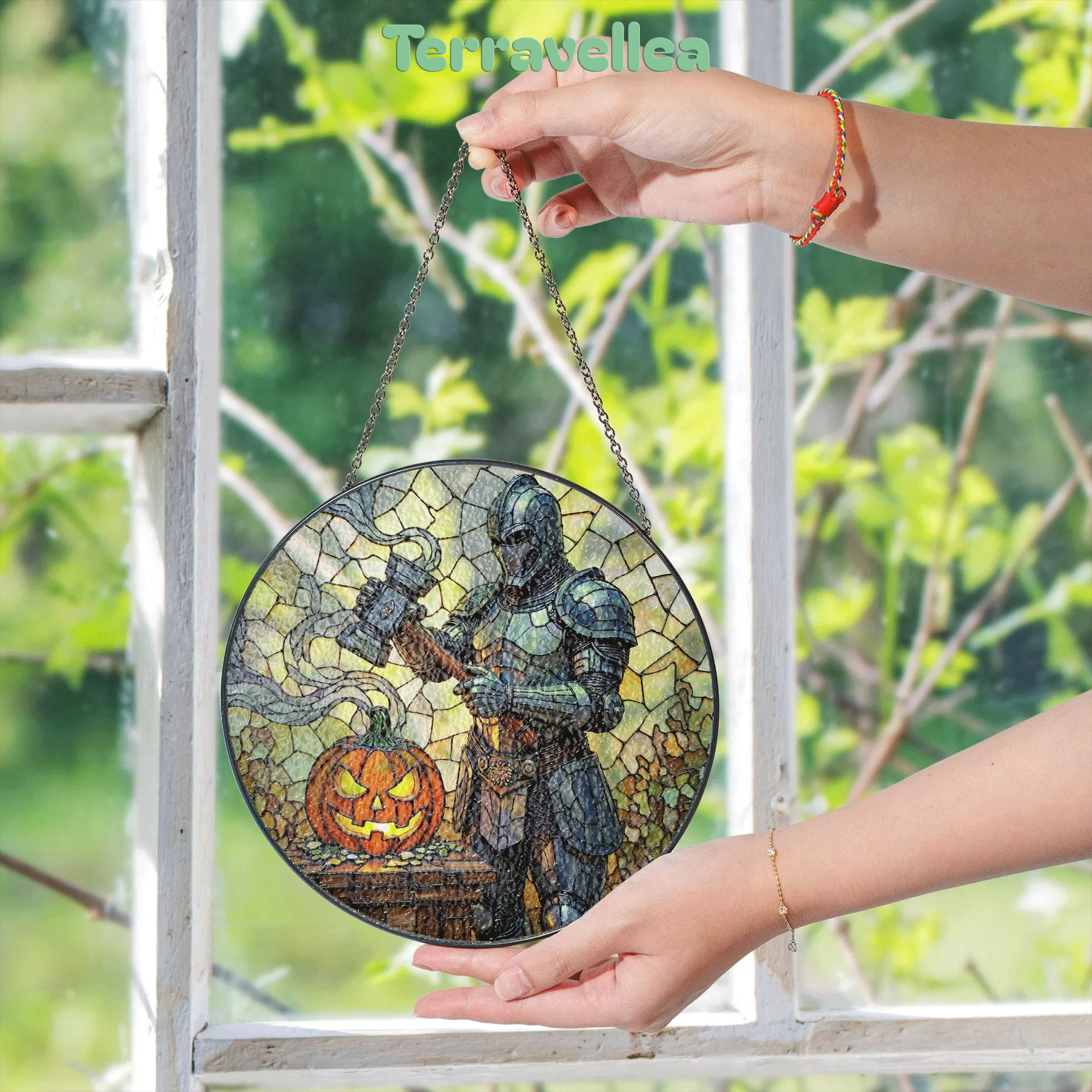 Suncatcher Stained Glass Knight With Pumpkin Halloween Gift - image 5