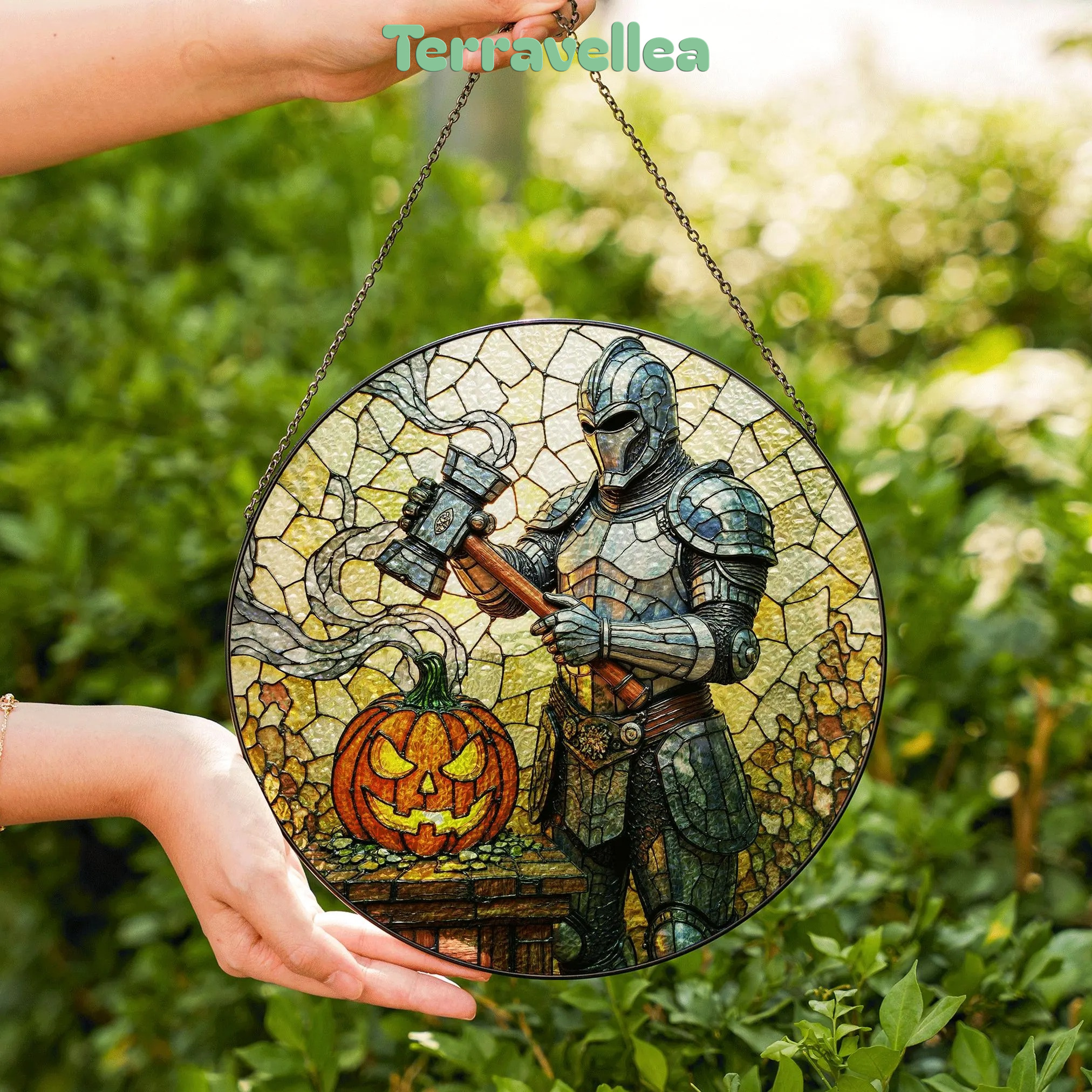 Suncatcher Stained Glass Knight With Pumpkin Halloween Gift - image 6
