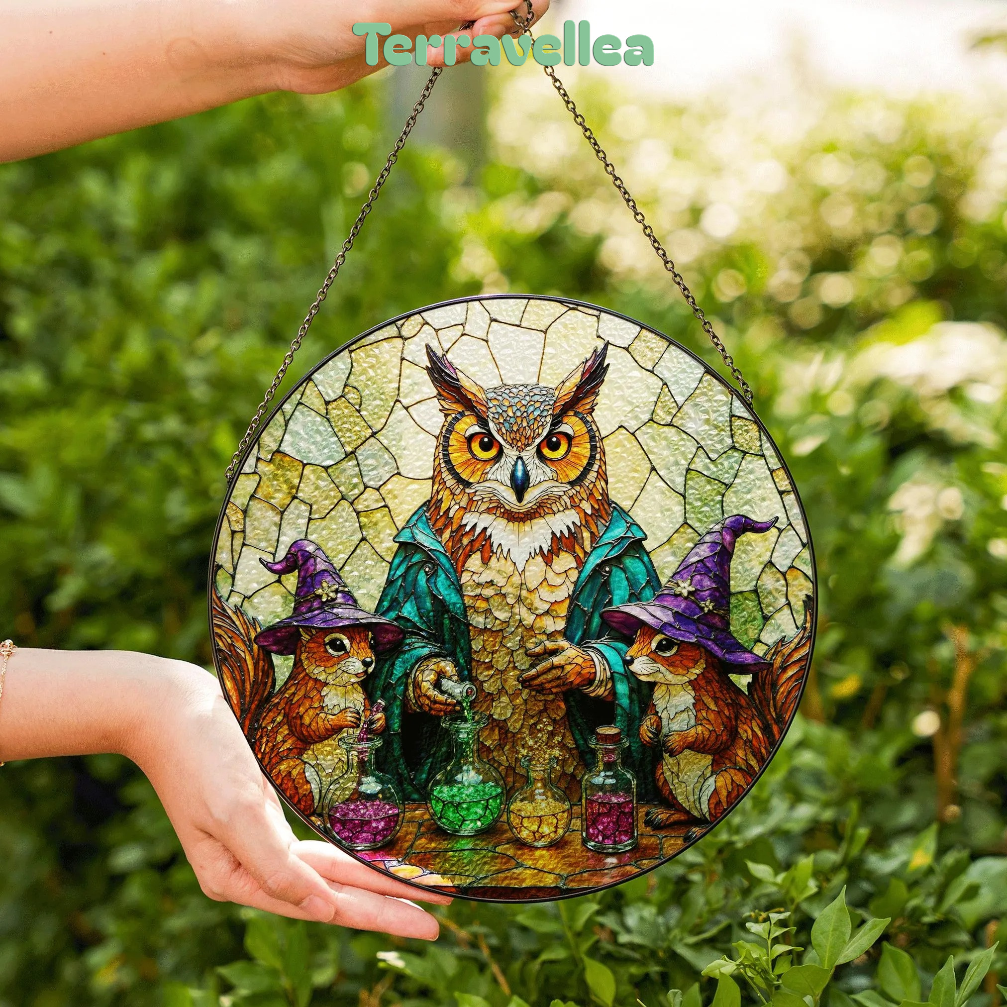 Suncatcher Stained Glass Owl With Potion Bottles Halloween Gift for Mom Christmas Gift - image 6