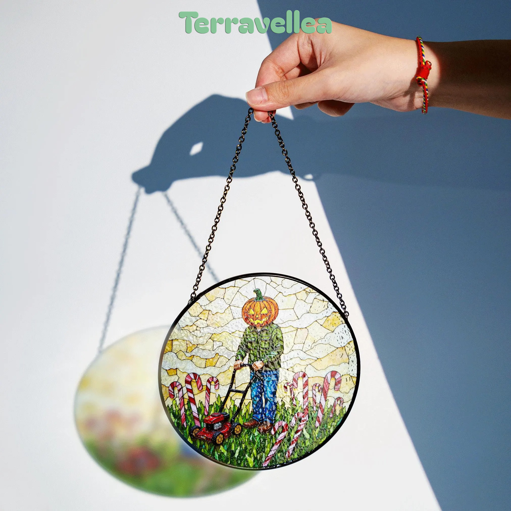 Suncatcher Stained Glass Pumpkin Head Man Mowing Candy Cane Field Halloween Gift Christmas Gift - image 2
