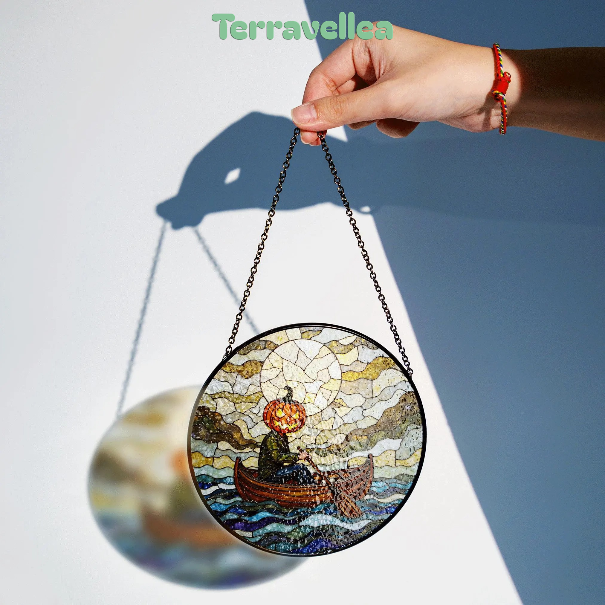 Suncatcher Stained Glass Pumpkin Head Rowing Boat Halloween Gift - image 2
