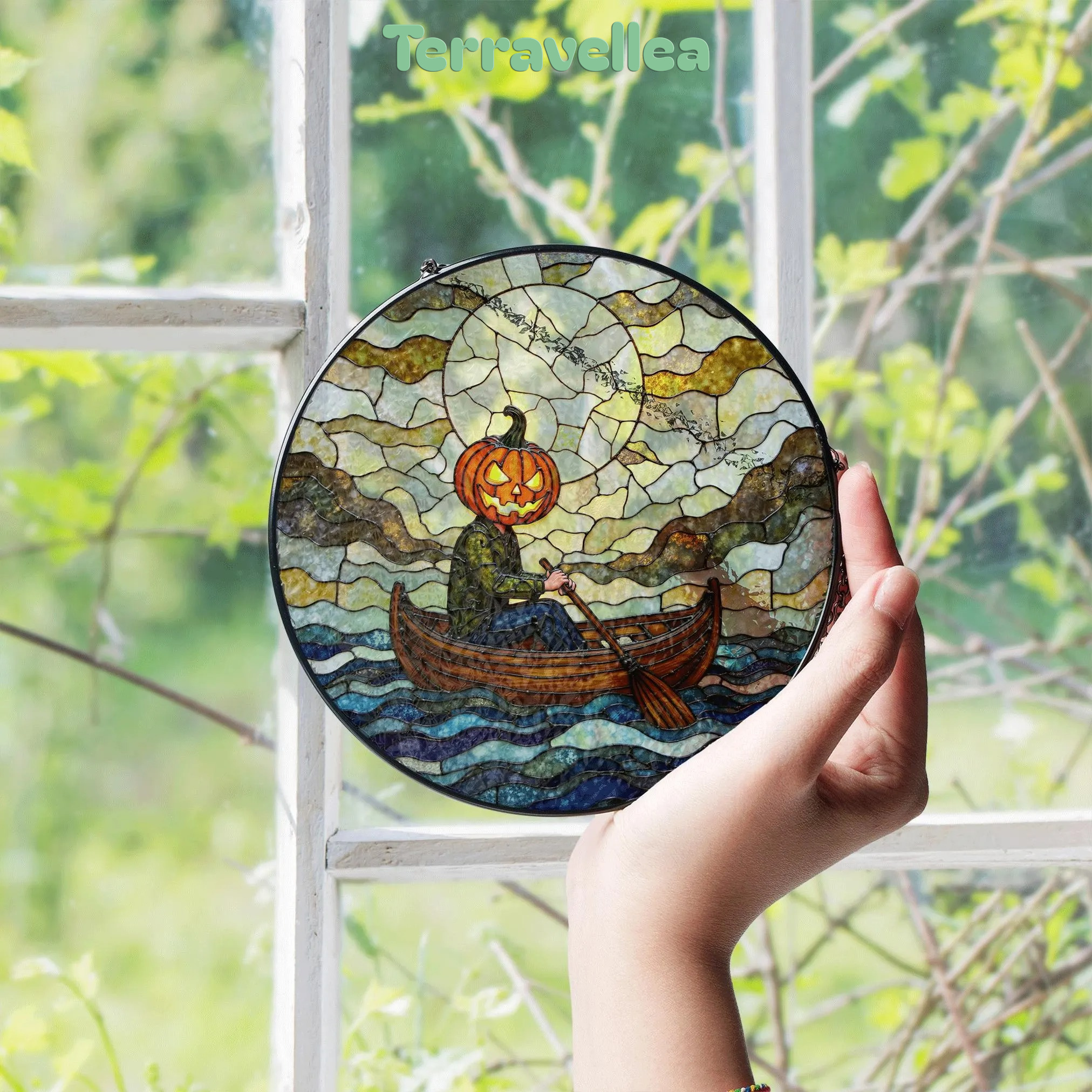 Suncatcher Stained Glass Pumpkin Head Rowing Boat Halloween Gift - image 4