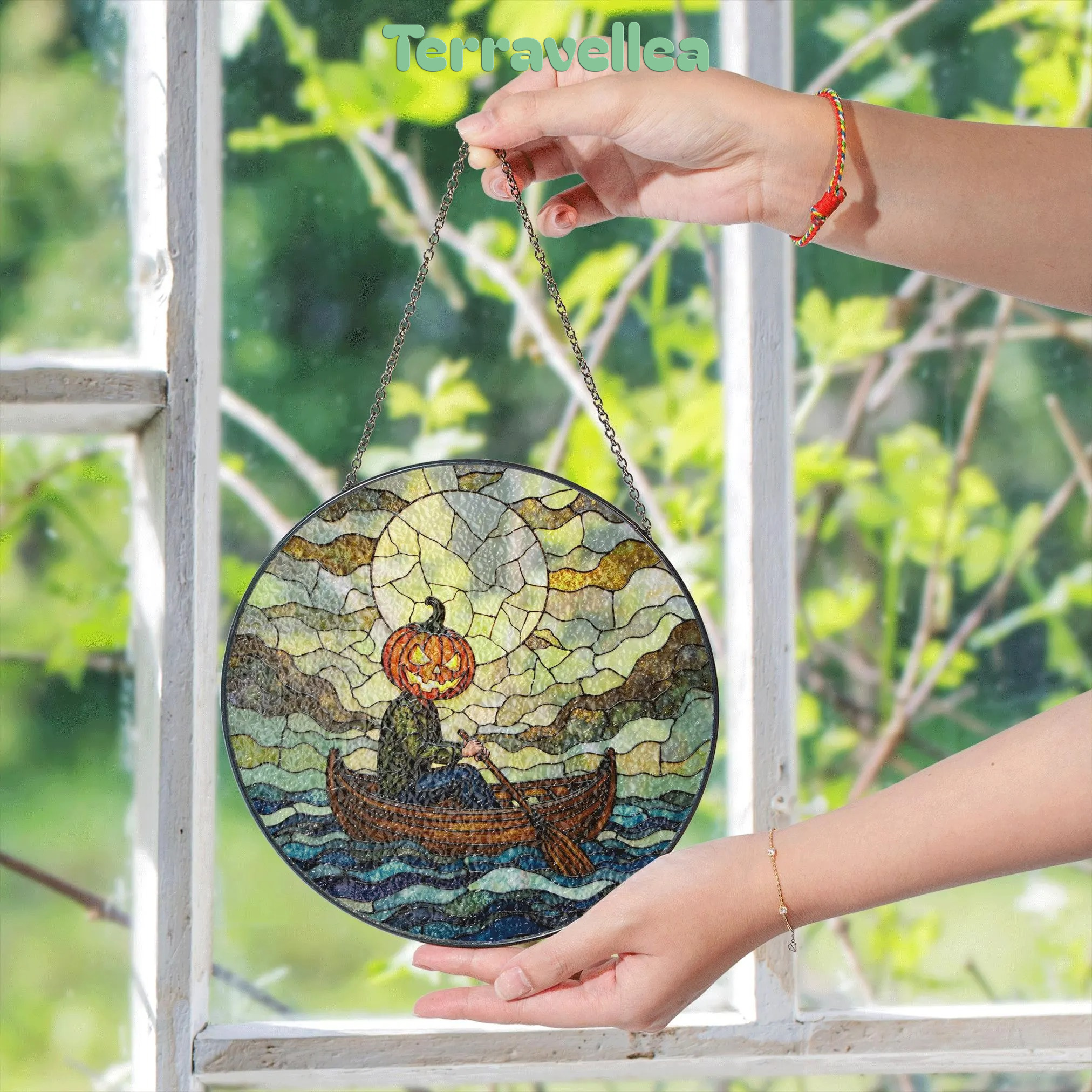 Suncatcher Stained Glass Pumpkin Head Rowing Boat Halloween Gift - image 5
