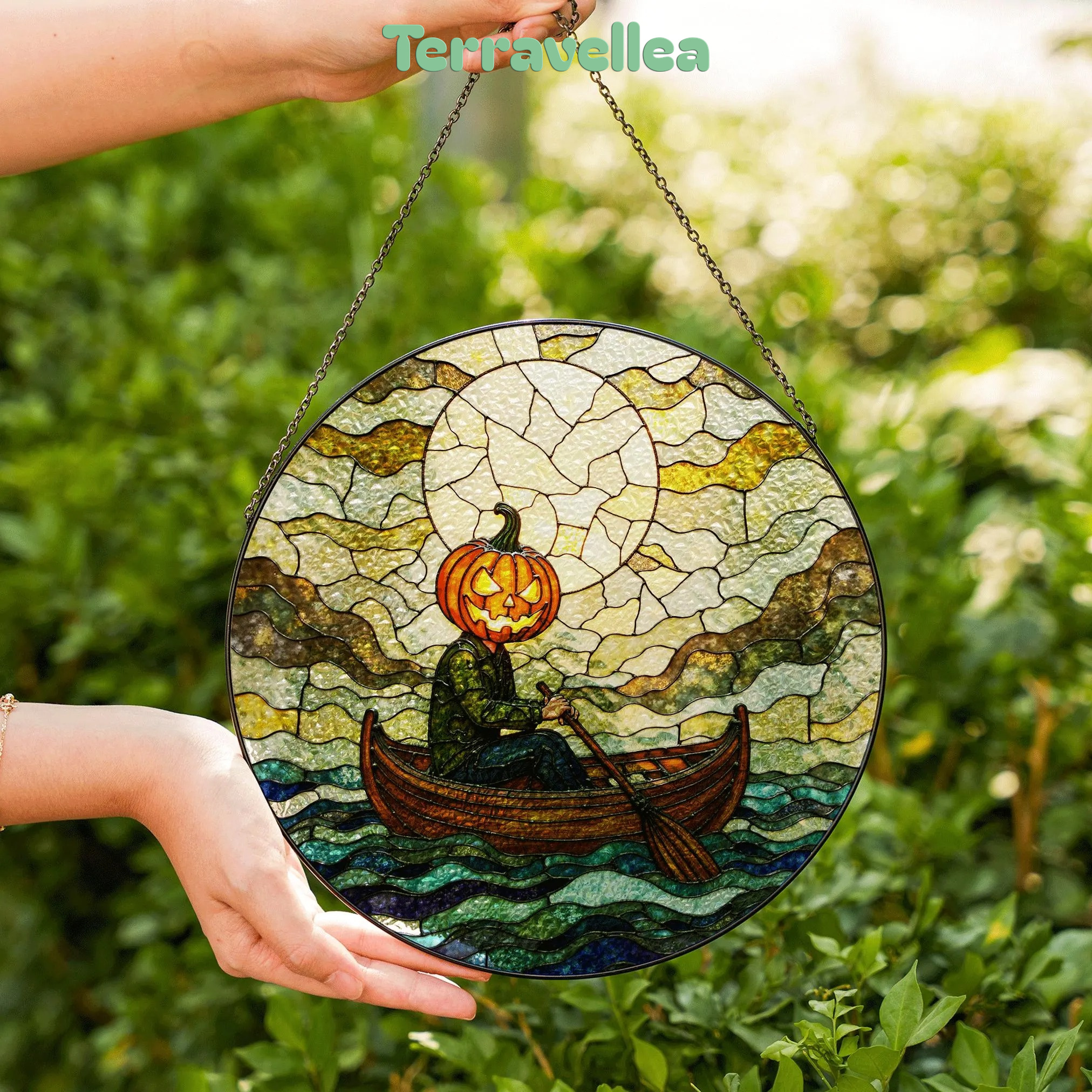 Suncatcher Stained Glass Pumpkin Head Rowing Boat Halloween Gift - image 6