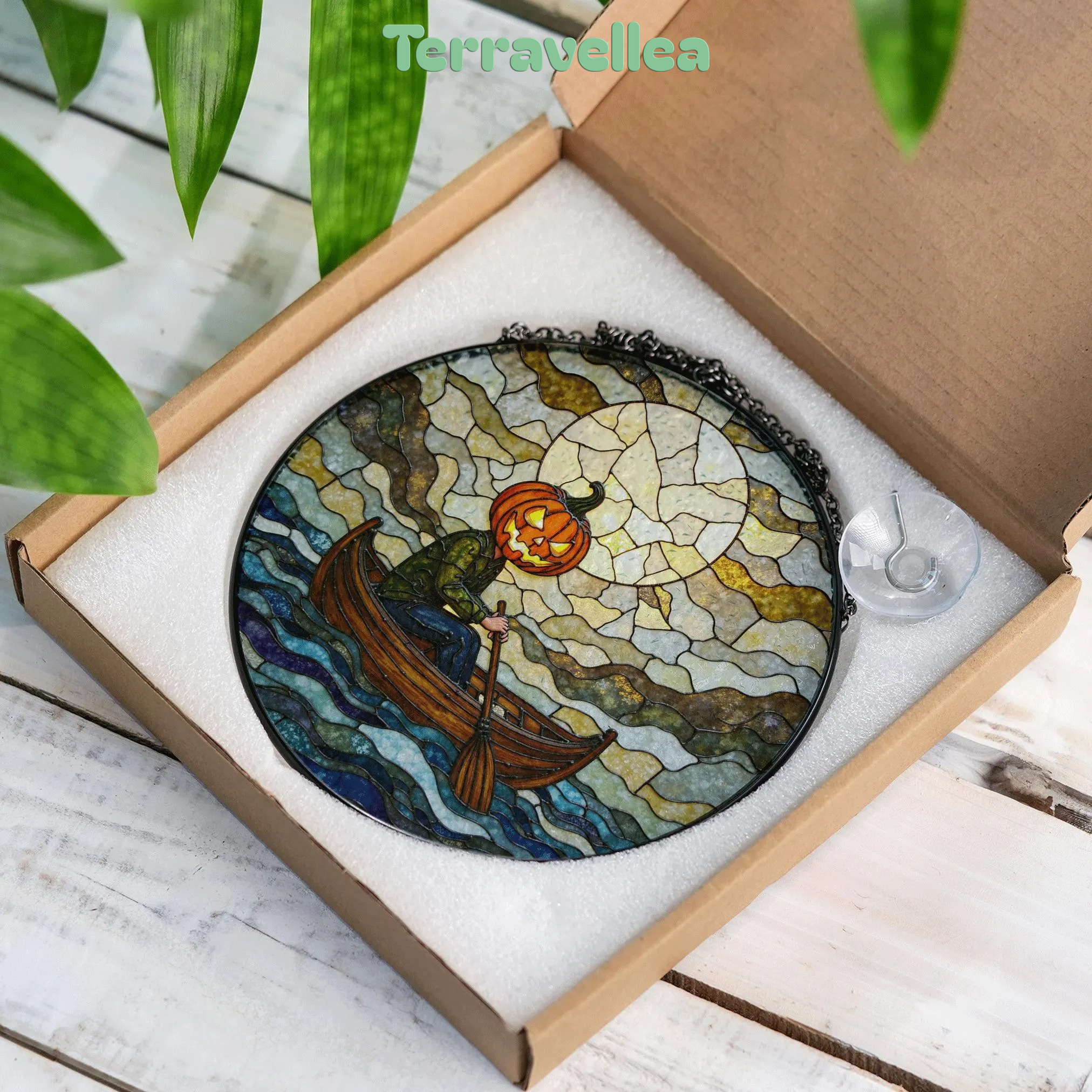 Suncatcher Stained Glass Pumpkin Head Rowing Boat Halloween Gift - image 9