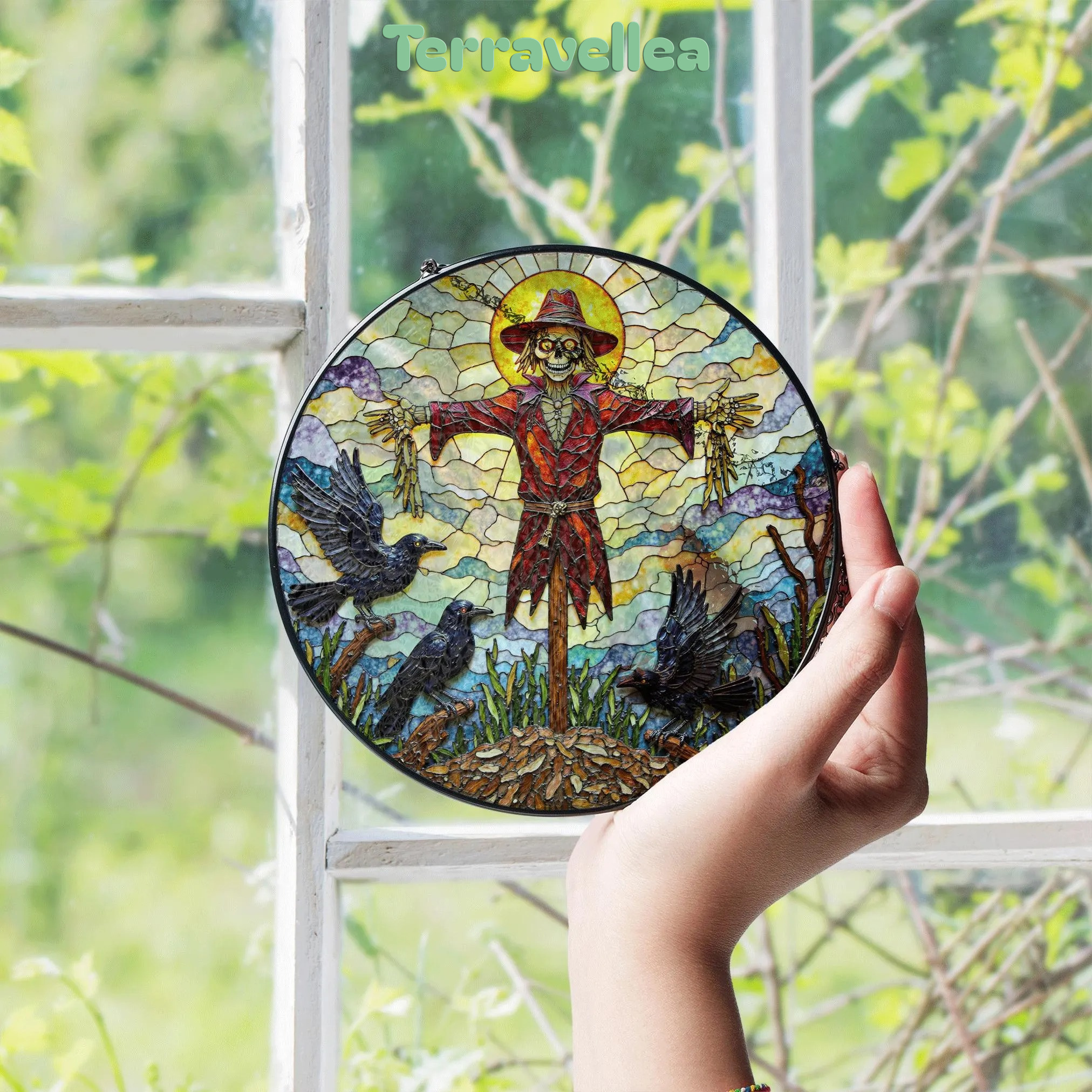 Suncatcher Stained Glass Scarecrow With Crows Halloween Gift for Mom Autumn Harvest Decor - image 4