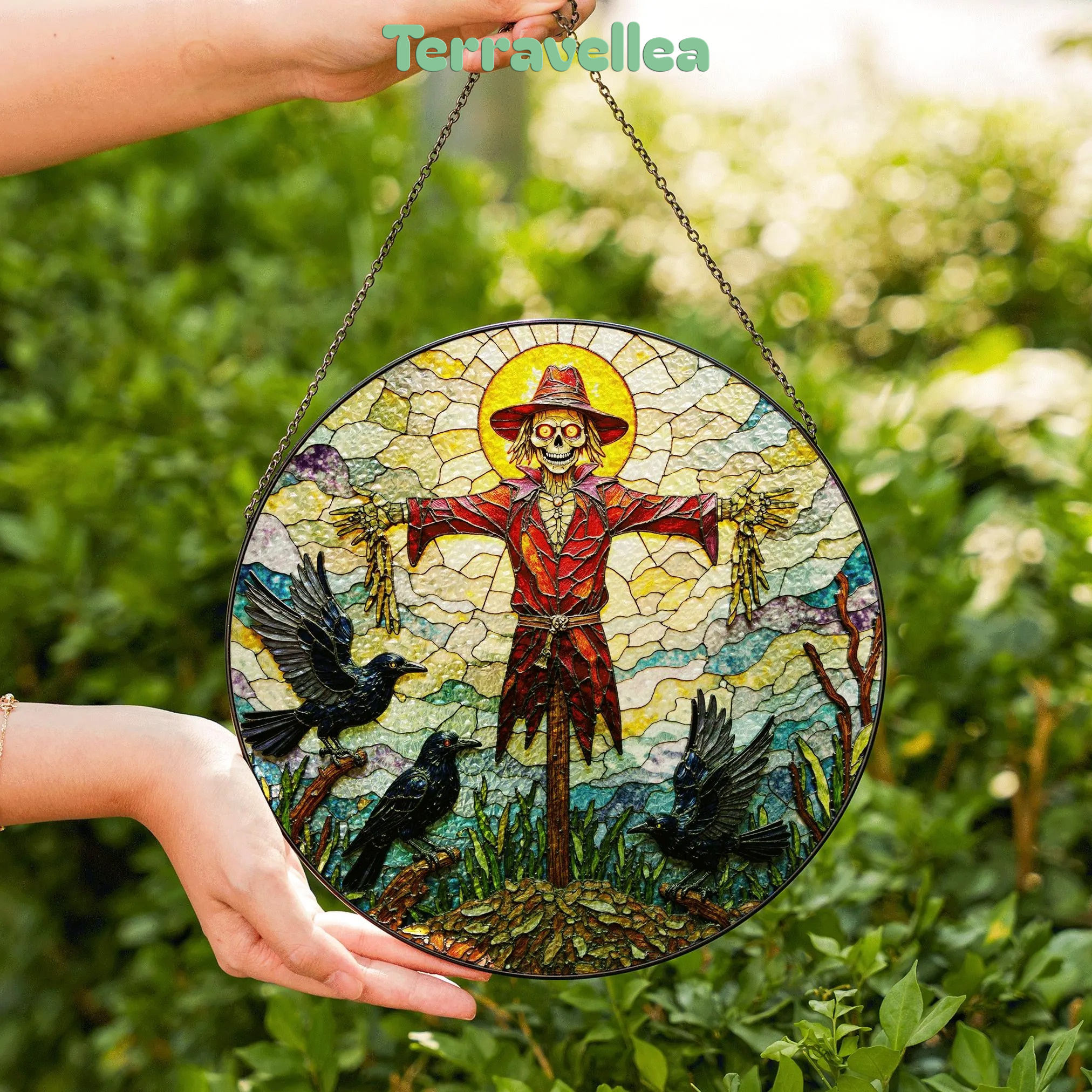 Suncatcher Stained Glass Scarecrow With Crows Halloween Gift for Mom Autumn Harvest Decor - image 6