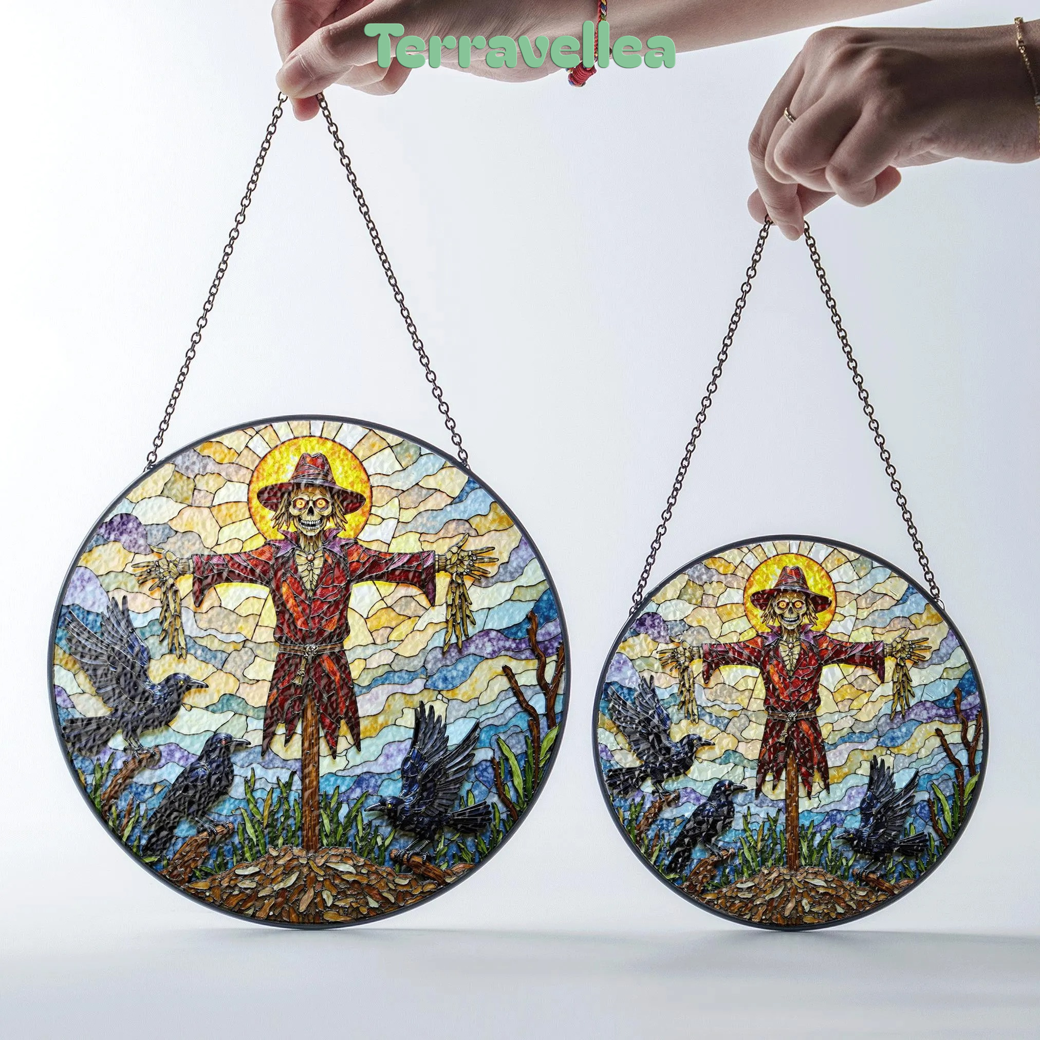 Suncatcher Stained Glass Scarecrow With Crows Halloween Gift for Mom Autumn Harvest Decor - image 7