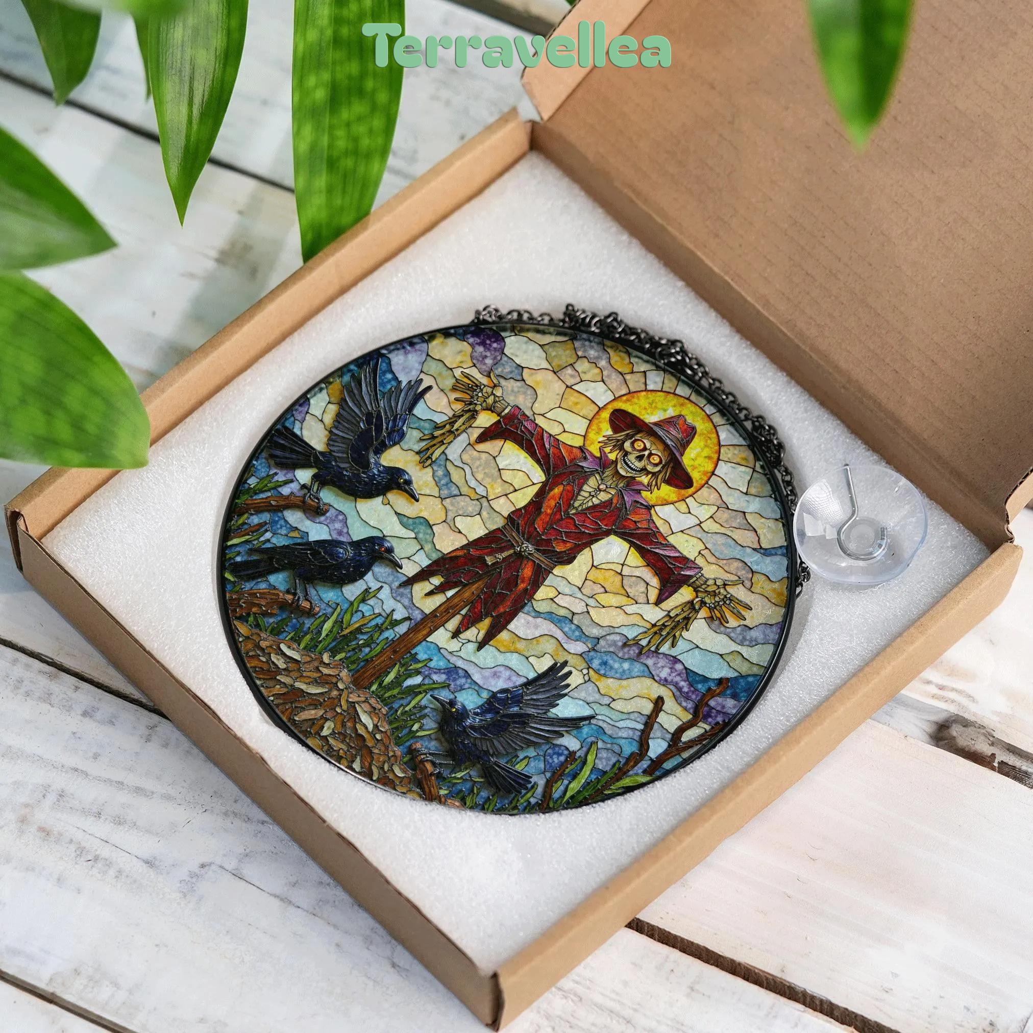 Suncatcher Stained Glass Scarecrow With Crows Halloween Gift for Mom Autumn Harvest Decor - image 9