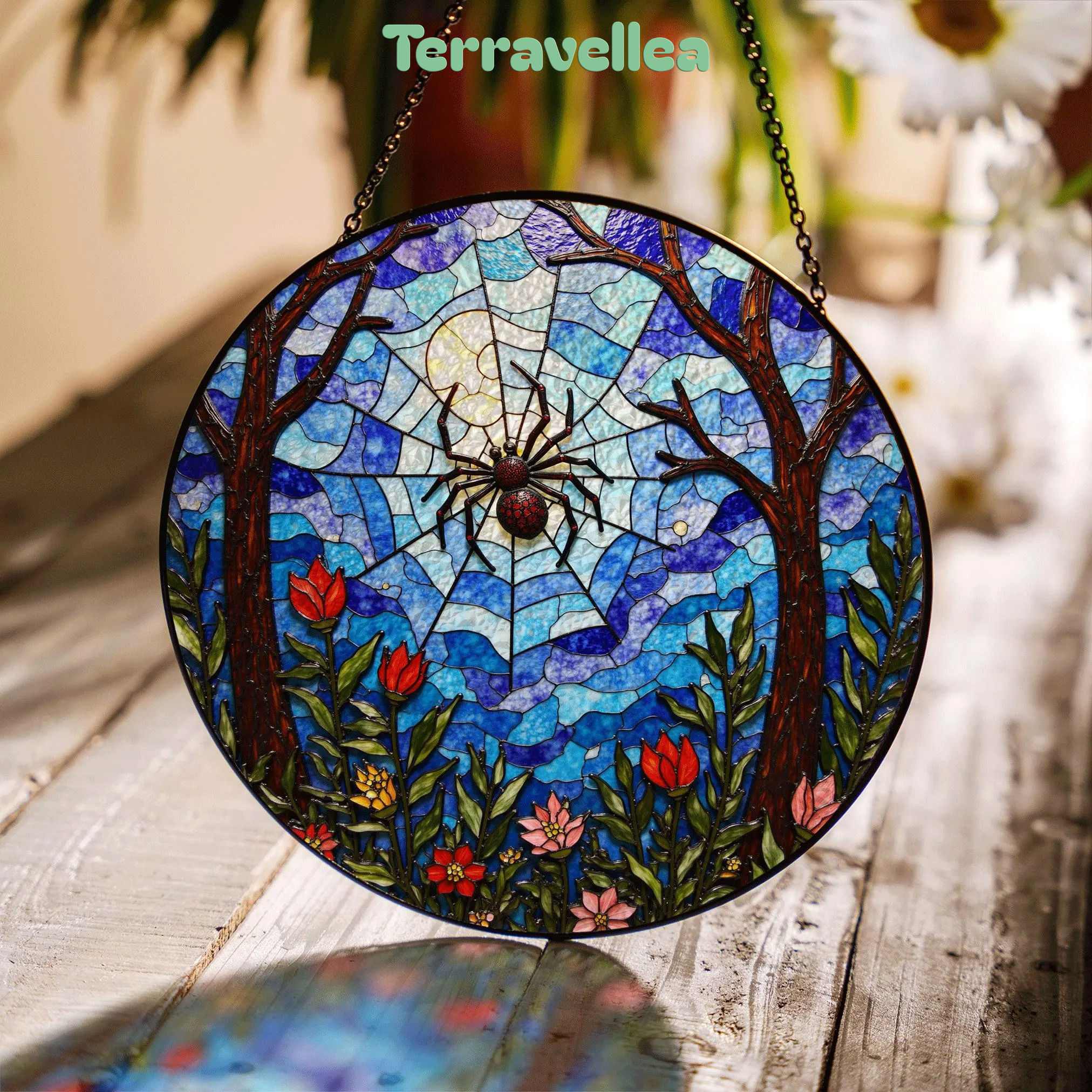 Suncatcher Stained Glass Spider Web Forest Flowers Gift for Mom Halloween Gift - image 1