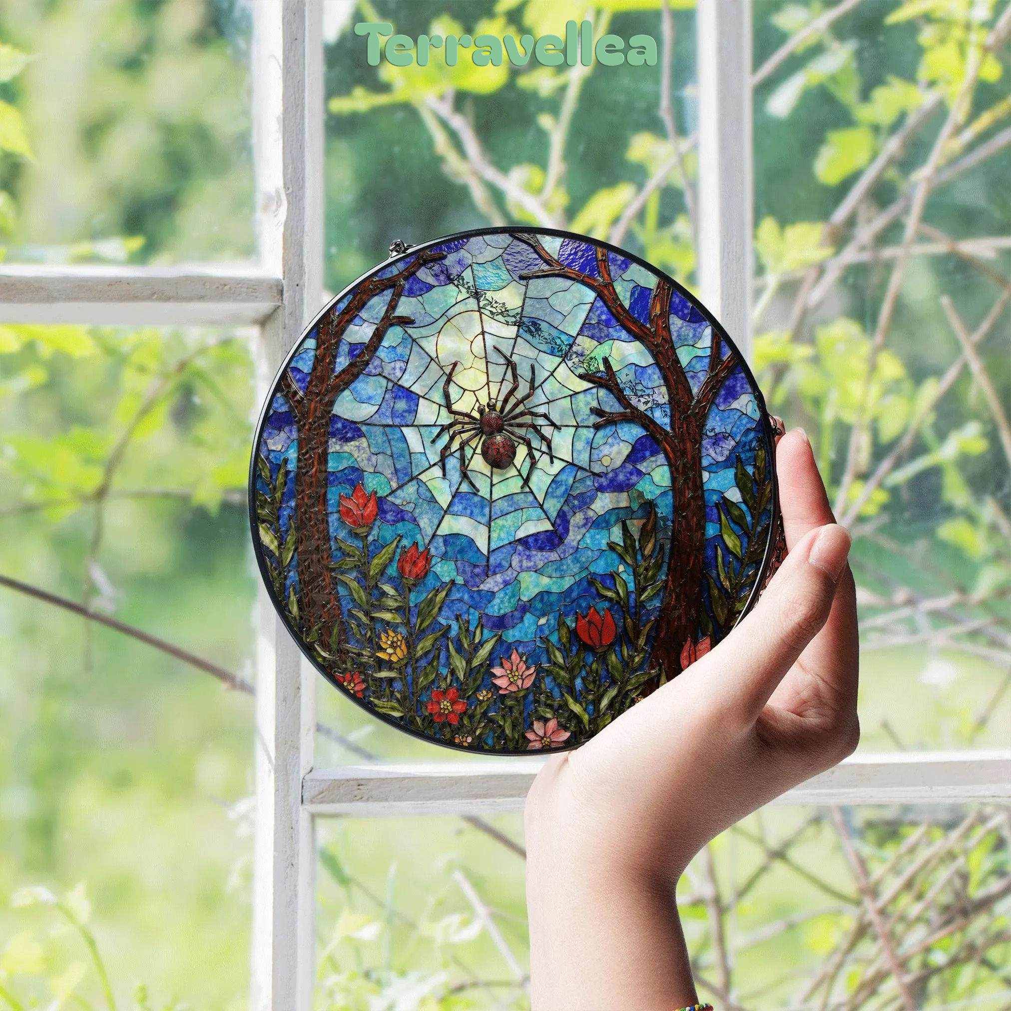 Suncatcher Stained Glass Spider Web Forest Flowers Gift for Mom Halloween Gift - image 4