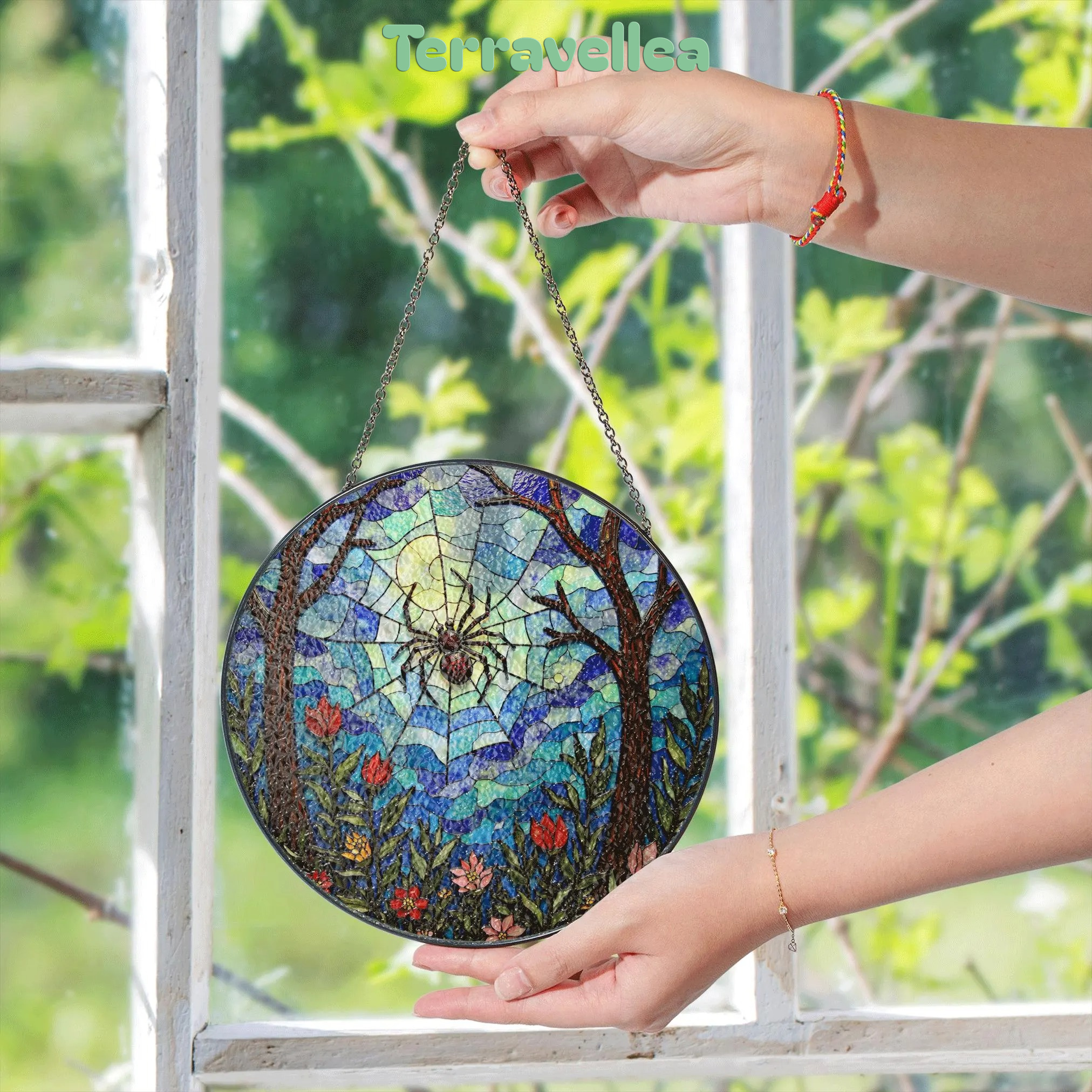 Suncatcher Stained Glass Spider Web Forest Flowers Gift for Mom Halloween Gift - image 5