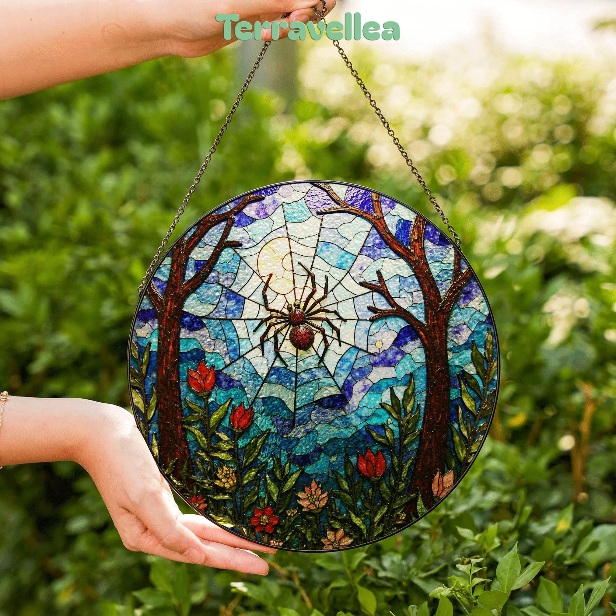 Suncatcher Stained Glass Spider Web Forest Flowers Gift for Mom Halloween Gift - image 6