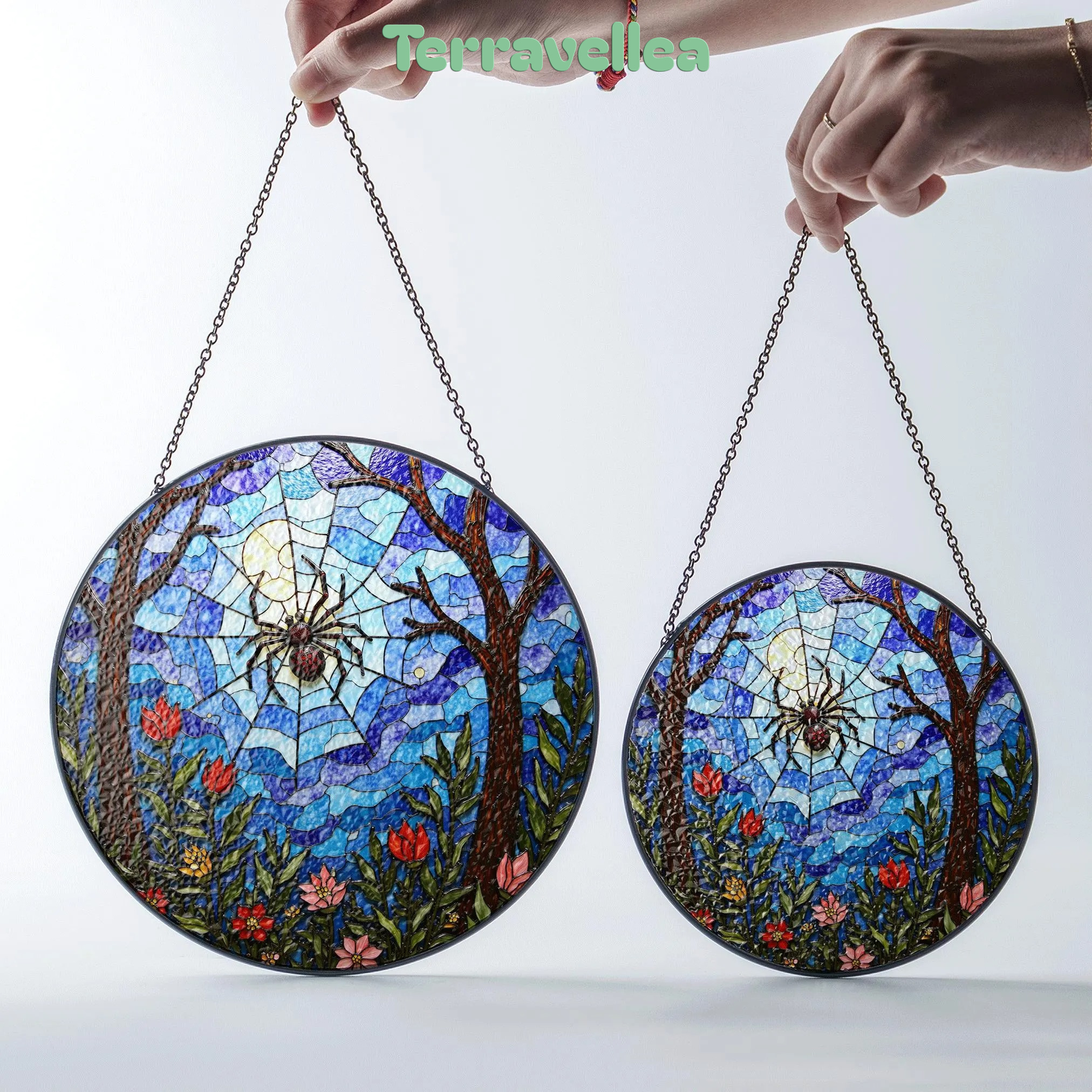 Suncatcher Stained Glass Spider Web Forest Flowers Gift for Mom Halloween Gift - image 7