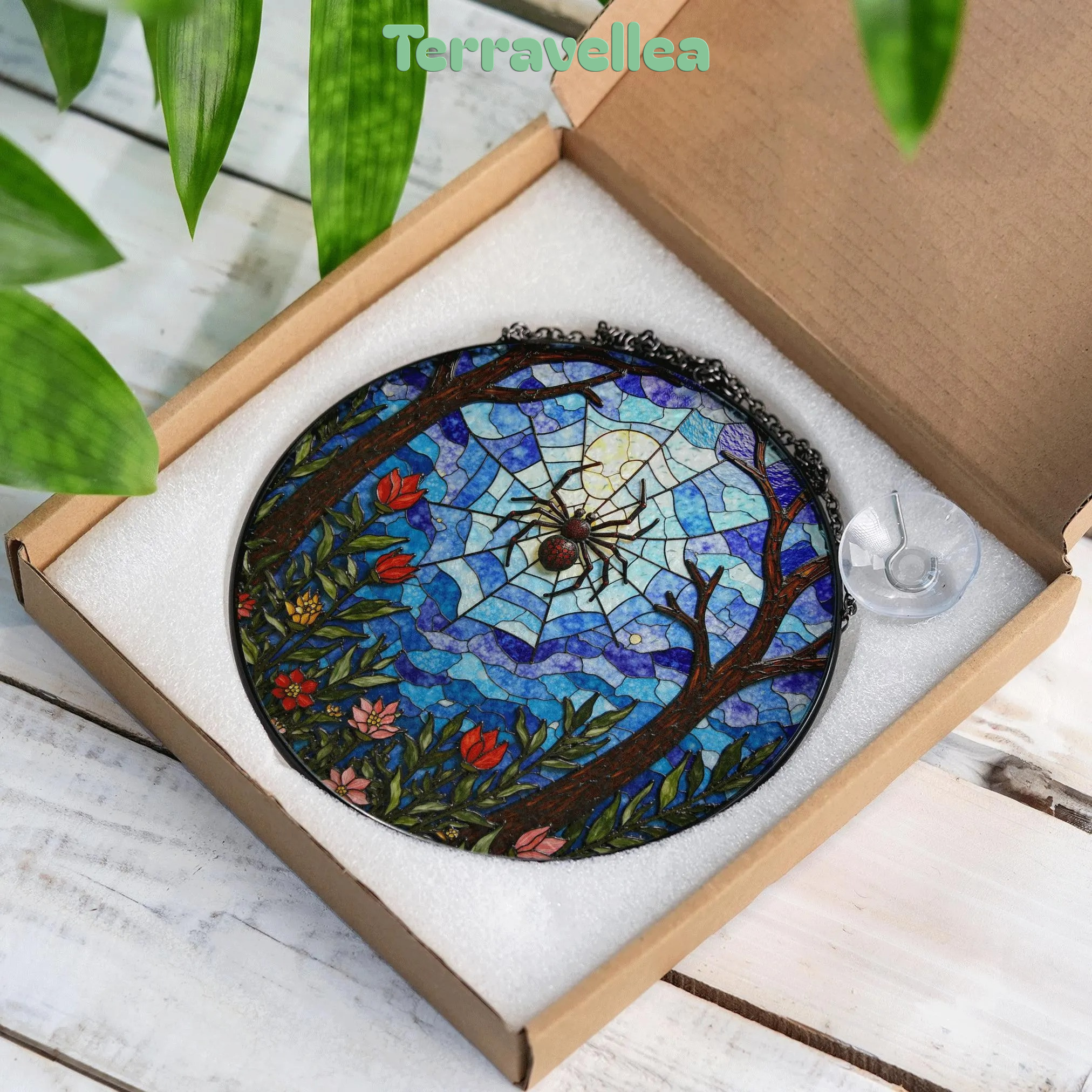 Suncatcher Stained Glass Spider Web Forest Flowers Gift for Mom Halloween Gift - image 9