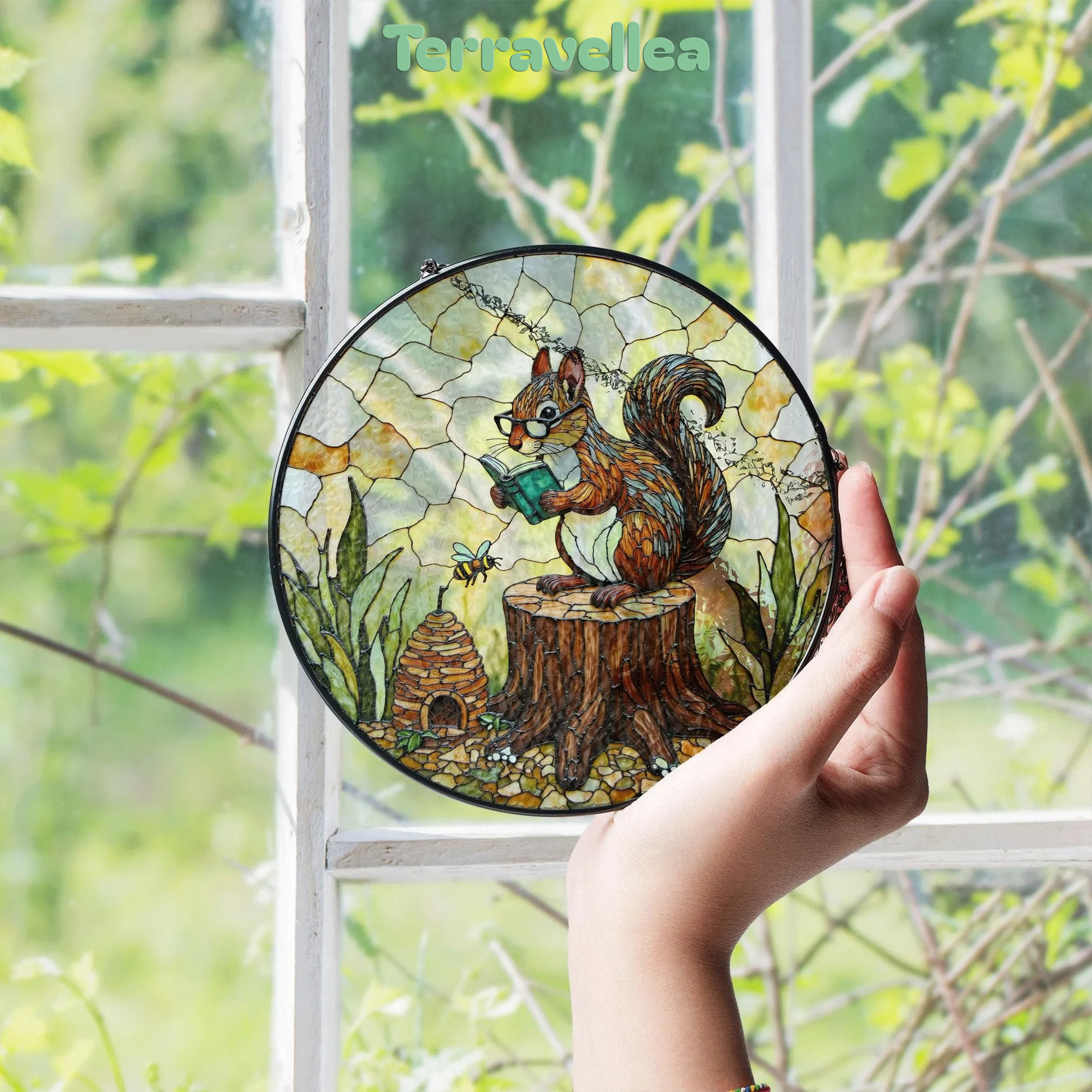 Suncatcher Stained Glass Squirrel Reading on Tree Stump Woodland Gift for Mom Mothers Day Gift - image 4