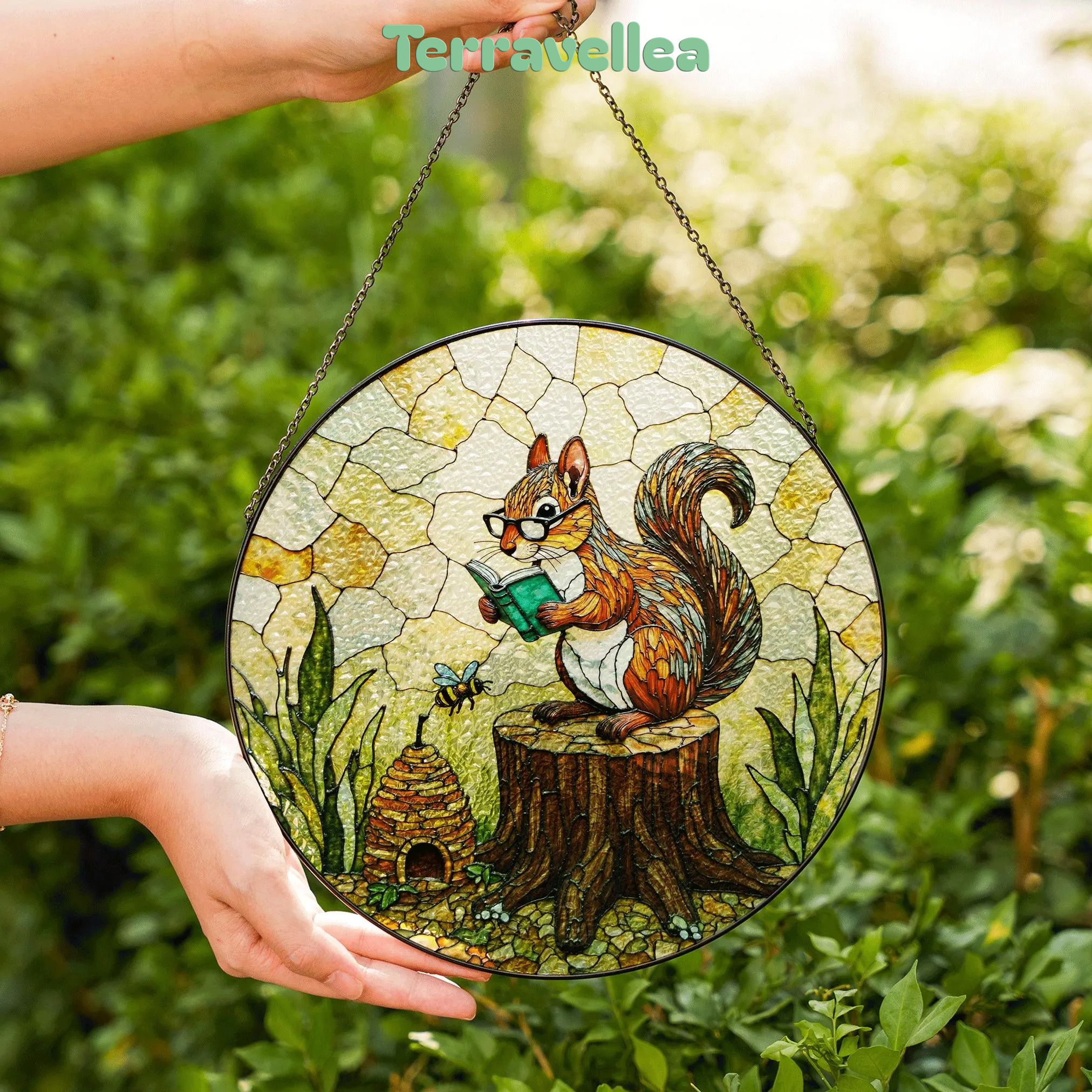 Suncatcher Stained Glass Squirrel Reading on Tree Stump Woodland Gift for Mom Mothers Day Gift - image 6