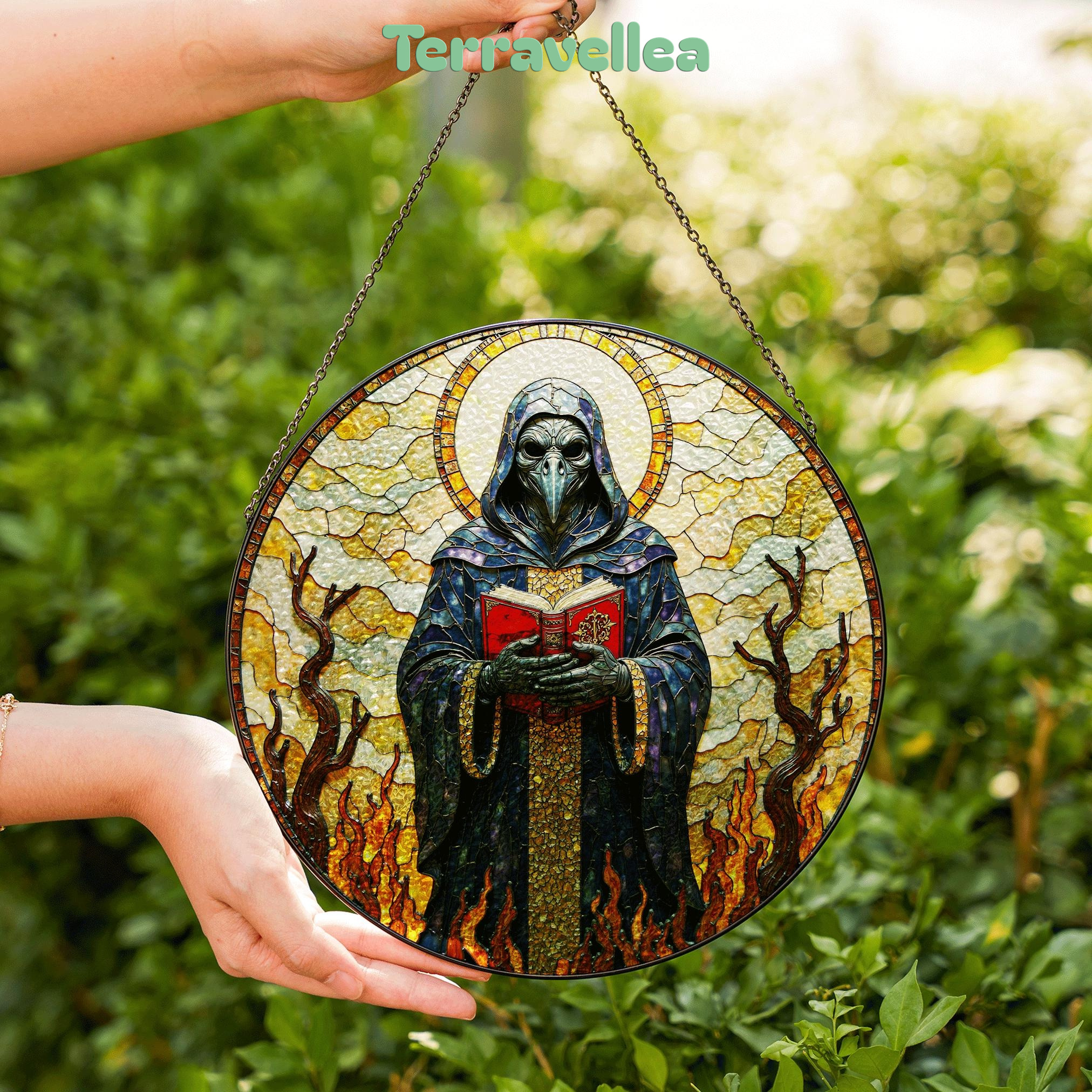 Suncatcher Stained Glass Style Grim Reaper Figure With Flames and Halo Halloween Gift Gothic Decor - image 6