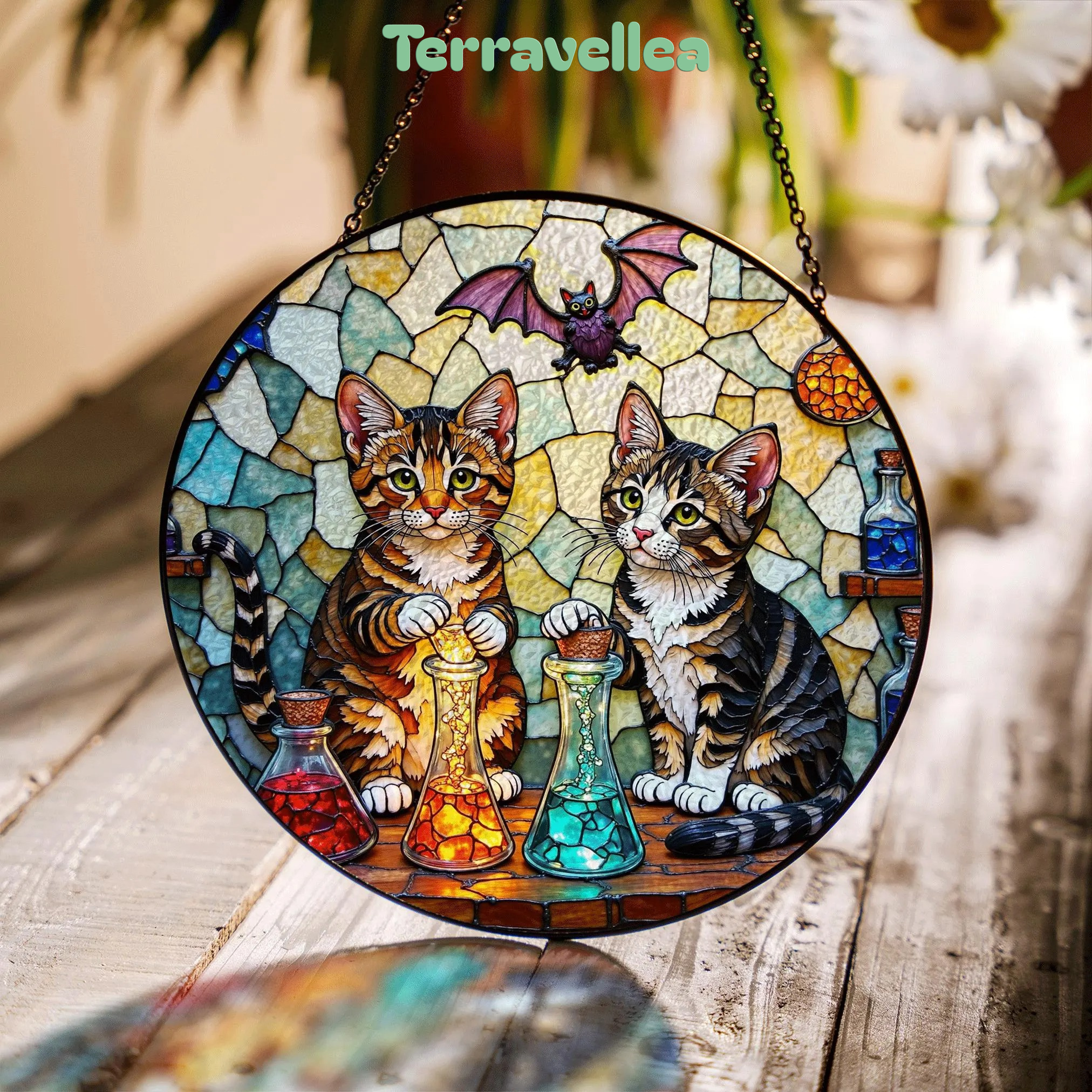 Suncatcher Stained Glass Tabby Cats With Potions Halloween Gift - image 1