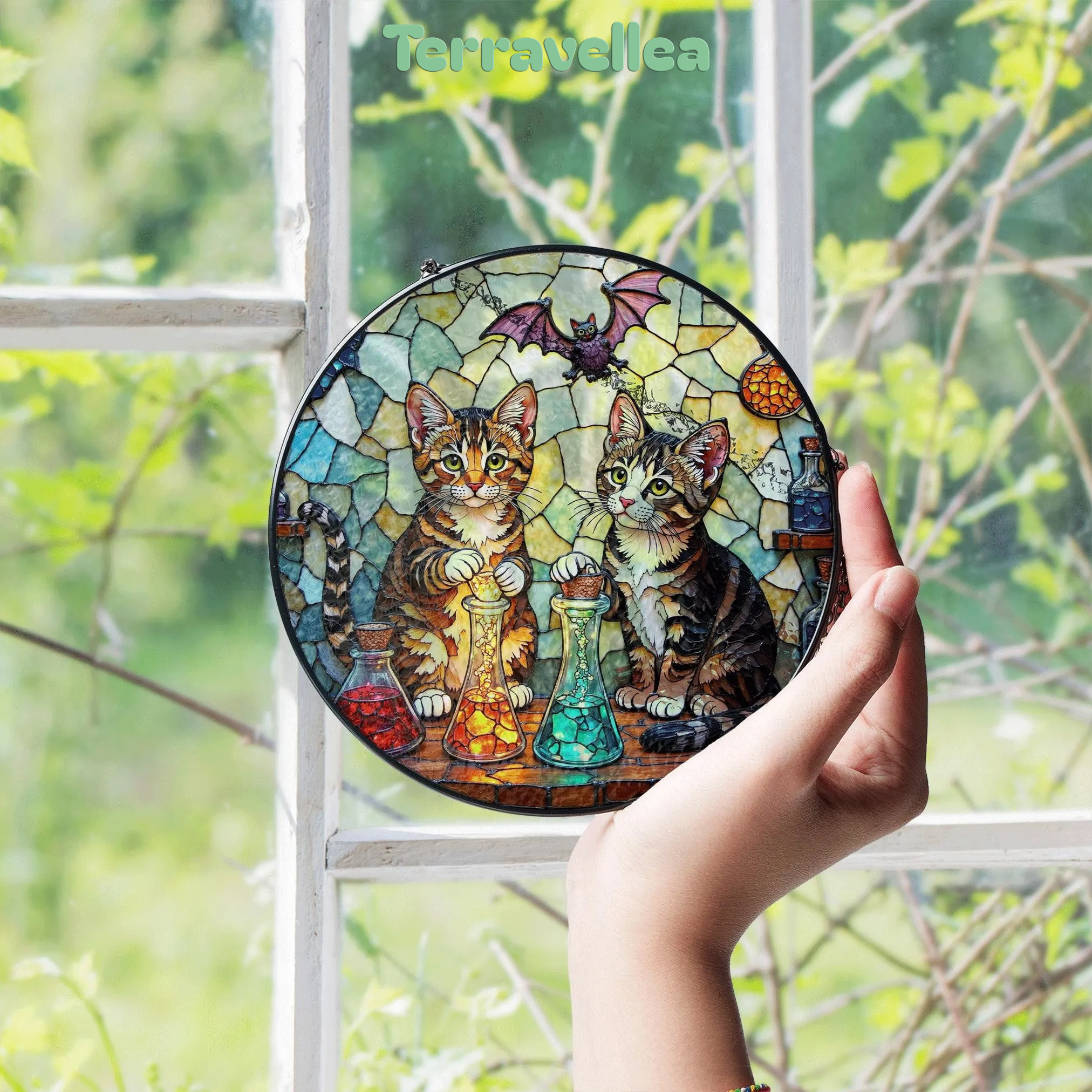Suncatcher Stained Glass Tabby Cats With Potions Halloween Gift - image 4