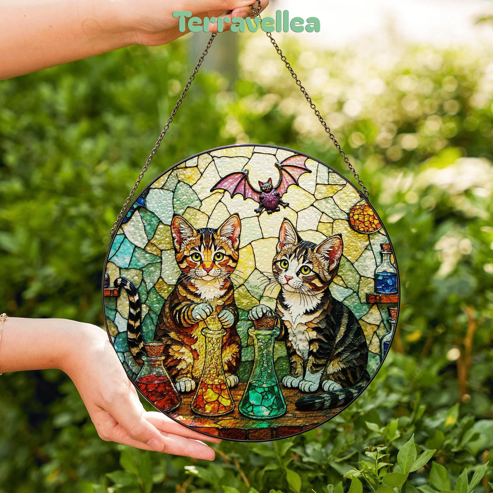 Suncatcher Stained Glass Tabby Cats With Potions Halloween Gift - image 6