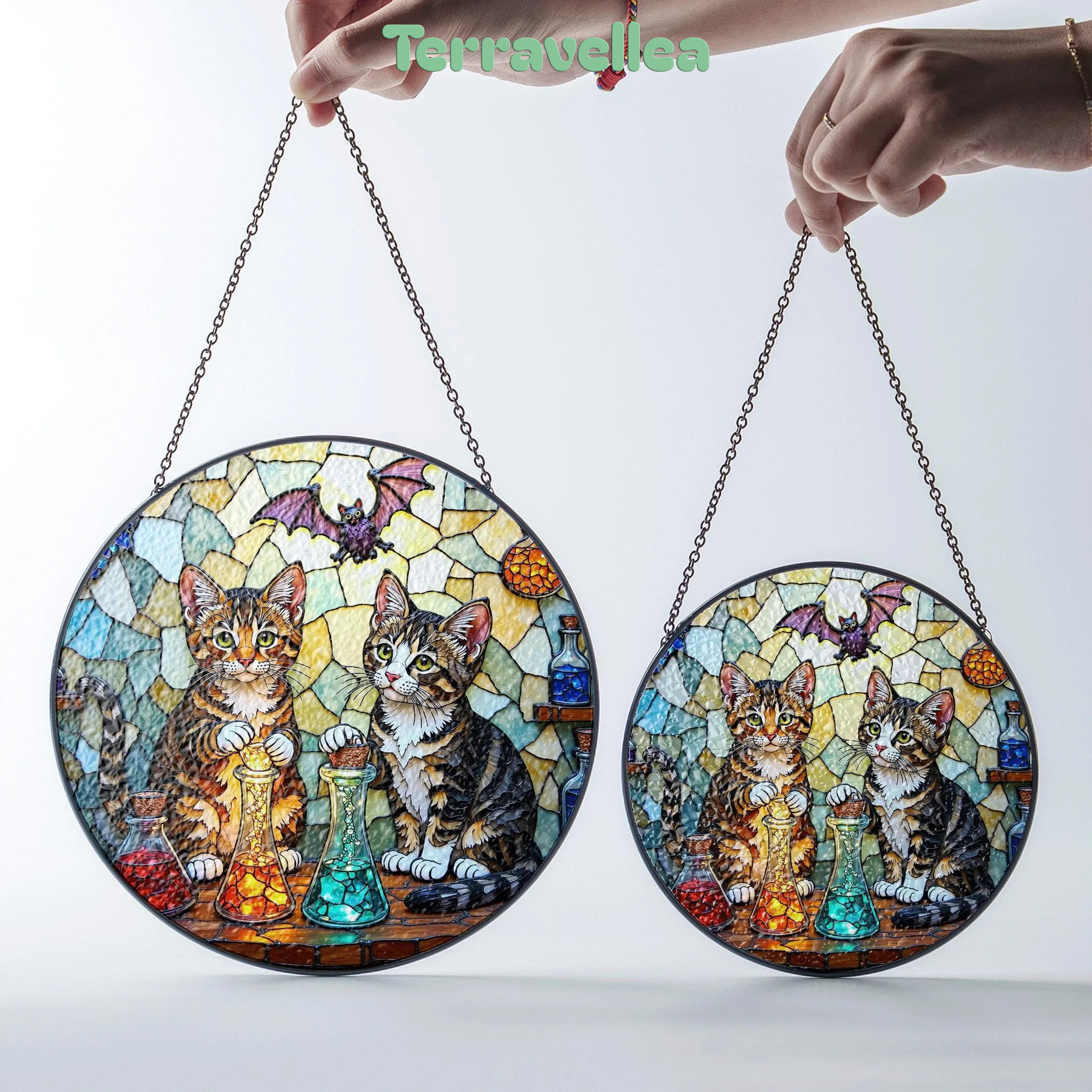 Suncatcher Stained Glass Tabby Cats With Potions Halloween Gift - image 7