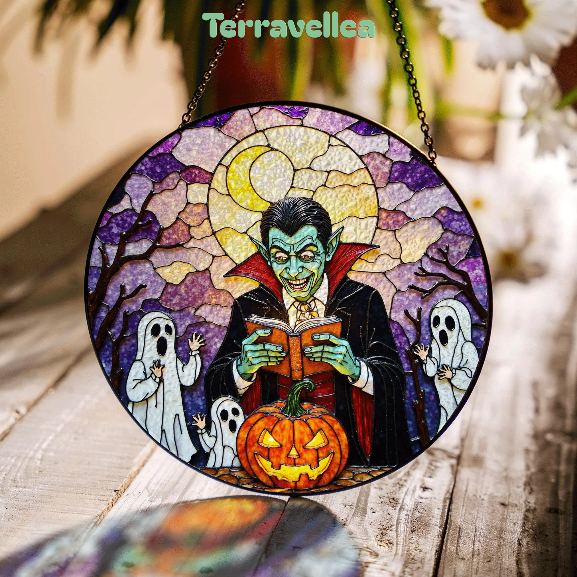 Suncatcher Stained Glass Vampire Reading Pumpkin Halloween Gift - image 1