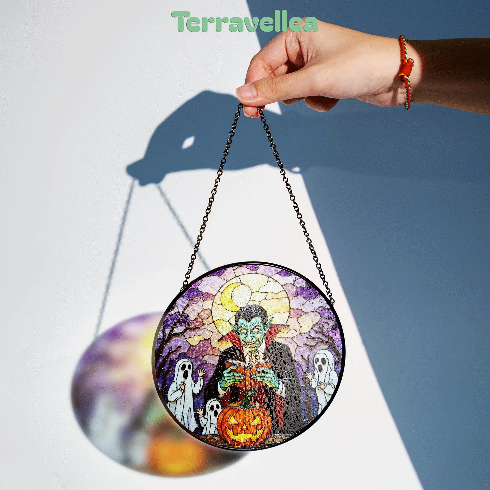 Suncatcher Stained Glass Vampire Reading Pumpkin Halloween Gift - image 2