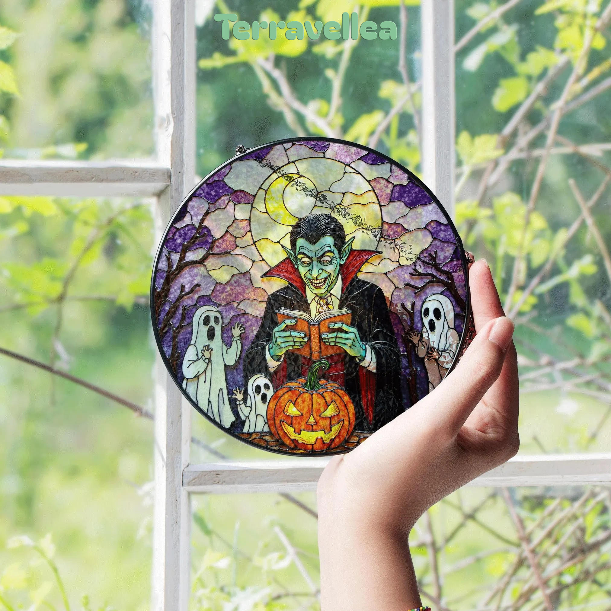 Suncatcher Stained Glass Vampire Reading Pumpkin Halloween Gift - image 4