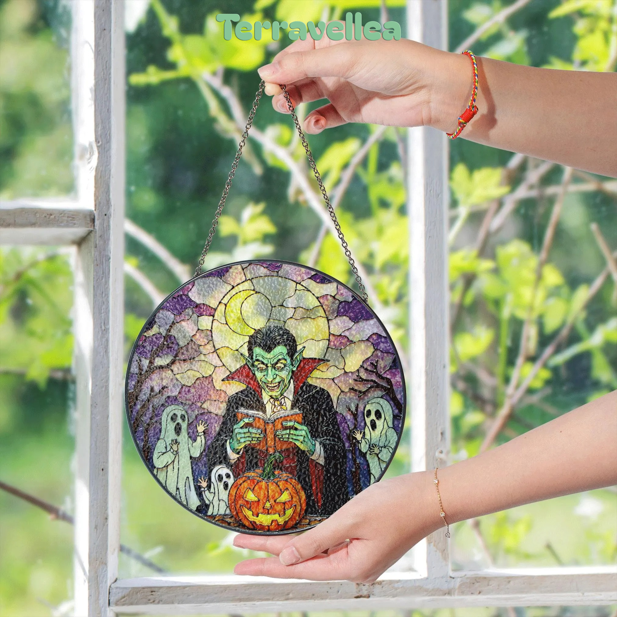 Suncatcher Stained Glass Vampire Reading Pumpkin Halloween Gift - image 5